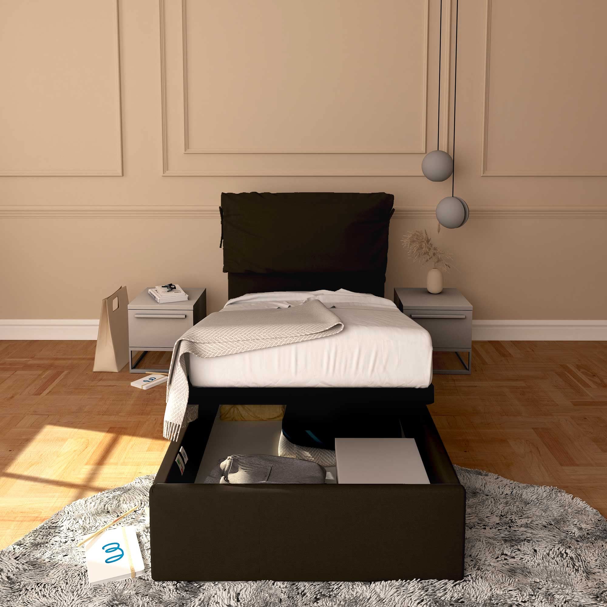Baldiflex Licia Soft Single Bed with Storage - Synthetic Leather Upholstery, Slatted Base for Single Mattresses, 80 x 190 cm, Padded Headboard, Dark Brown - Perfect for Small Bedrooms, Guest Rooms & Studio Apartments