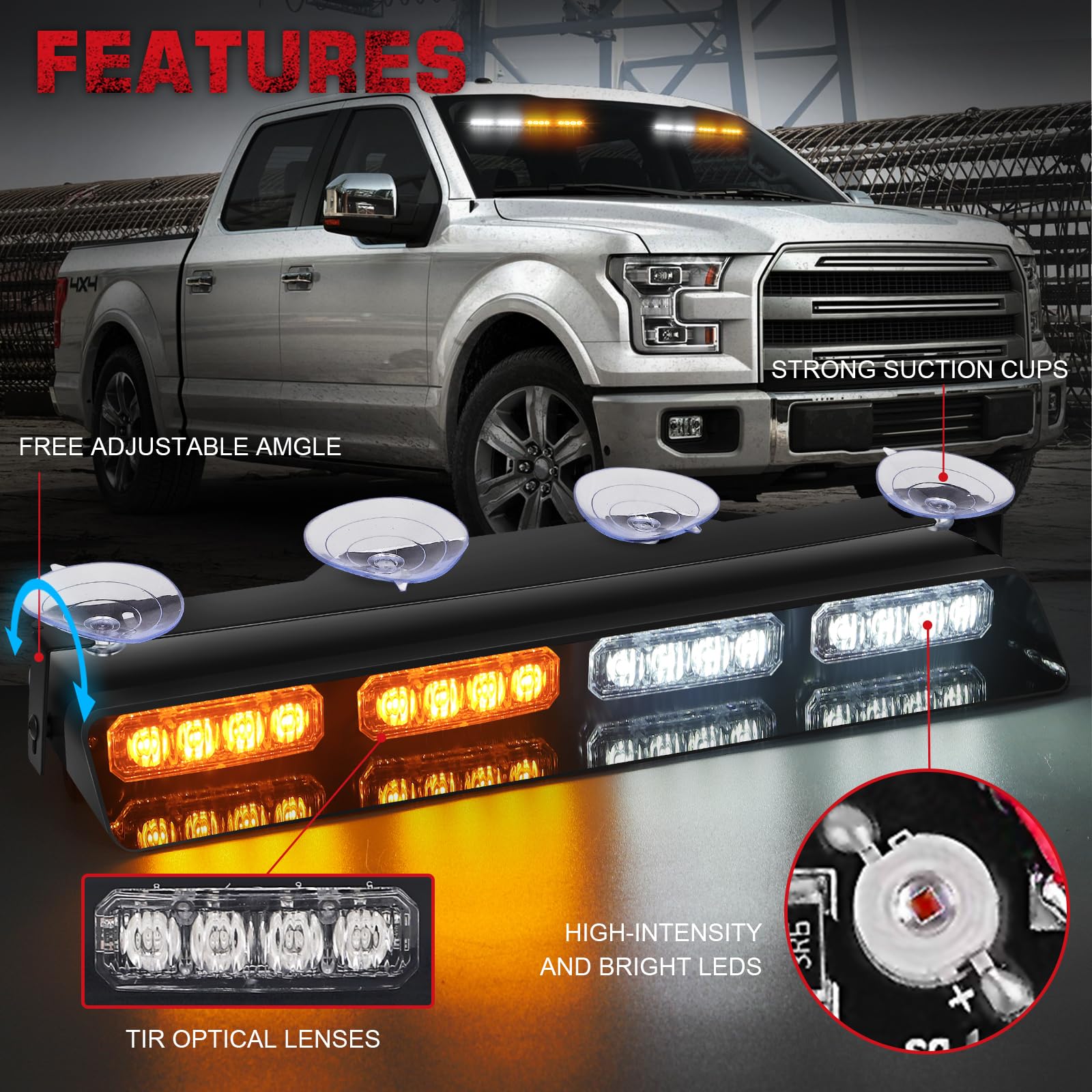 2 in 1 14 Inch LED Dash Strobe Lights - 32 LED Amber & White Emergency Warning Lights for Trucks, Construction Vehicles - Front/Rear Windshield Flashing Hazard Lights with Suction Cups - Ideal for Snow Plows, Emergency Vehicles & Roadside Safety