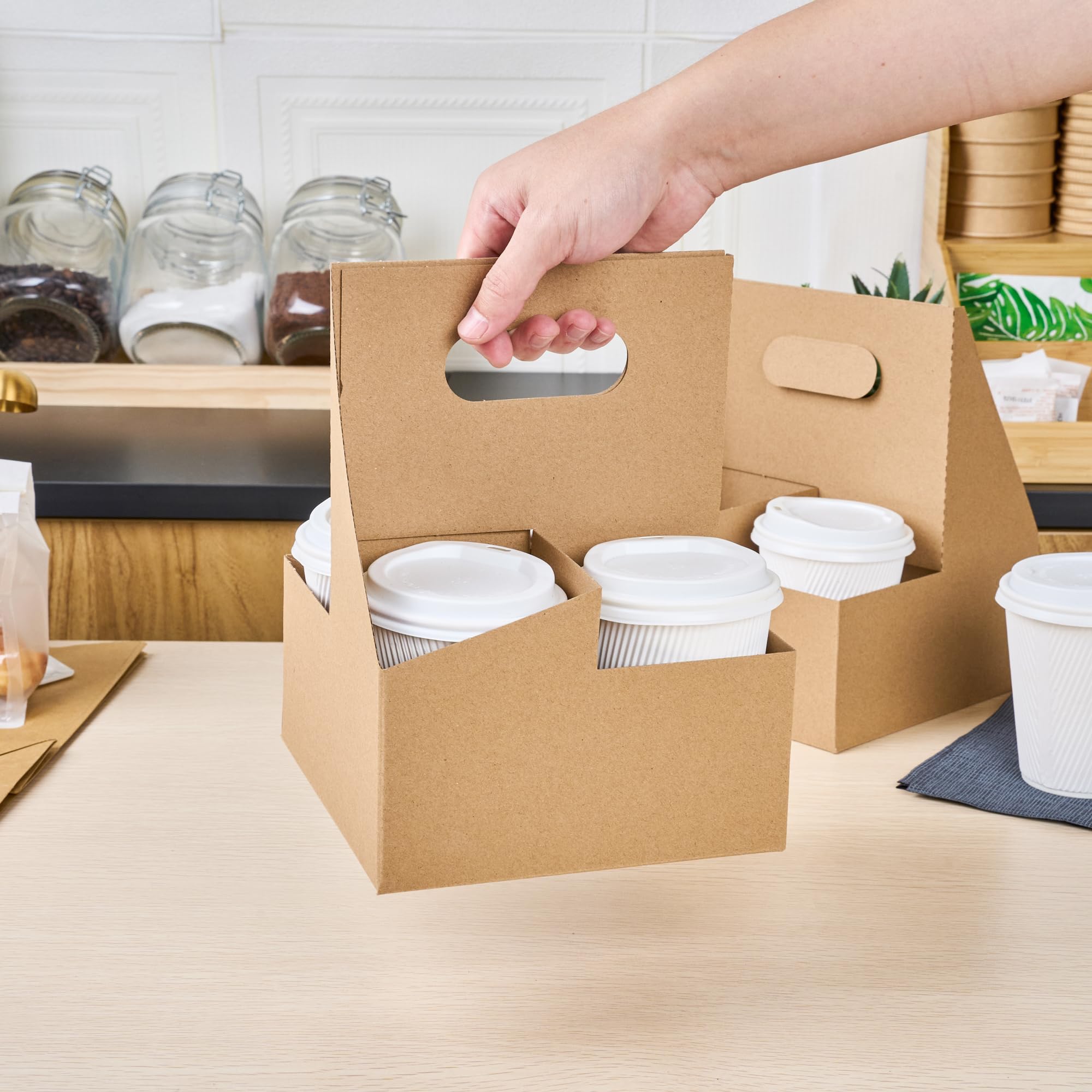 Restaurantware Altalena 100-Pack Disposable Drink Carriers with Handles - Kraft Paper Cup Holders for 4 Beverages | Perfect for Coffee, Smoothie & Bubble Tea Delivery, Takeout & Food Truck Use