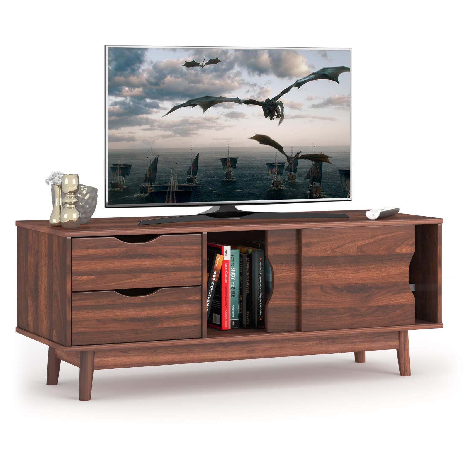 Tangkula 60 Inch Modern TV Stand with 2 Drawers & Sliding Doors - Walnut TV Console Cabinet for Flat Screen TVs, Media Entertainment Center with Cable Management - Perfect for Living Room & Bedroom Home Decor