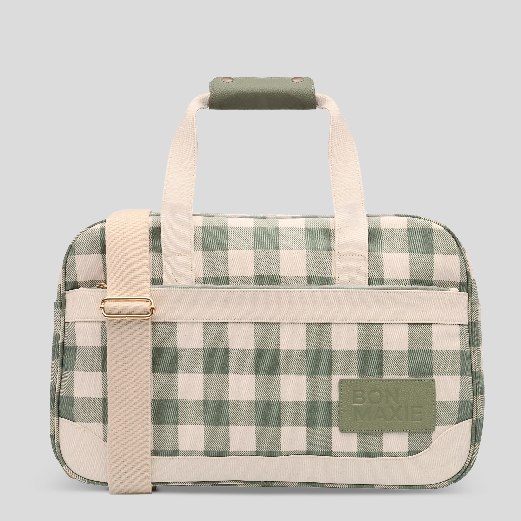 Bon Voyage Weekender Bag - Sage Gingham Checkered Travel Duffel for Women & Men | Perfect for Weekend Getaways, Gym, Overnight Trips & Airplane Carry-On
