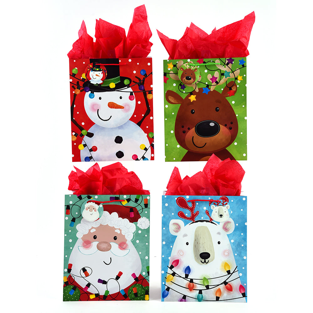 Christmas Horizontal Jumbo Happy Holiday Lights Printed Bags - 4 Festive Designs for Gift Wrapping, Party Decorations & Holiday Shopping