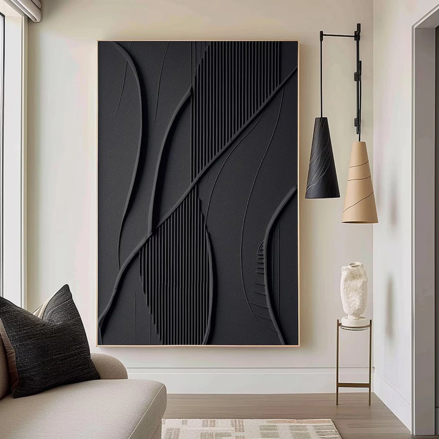 Black Minimalist Textured Abstract Wall Art Painting #MZ138 - Modern Home Decor for Living Room, Bedroom & Office