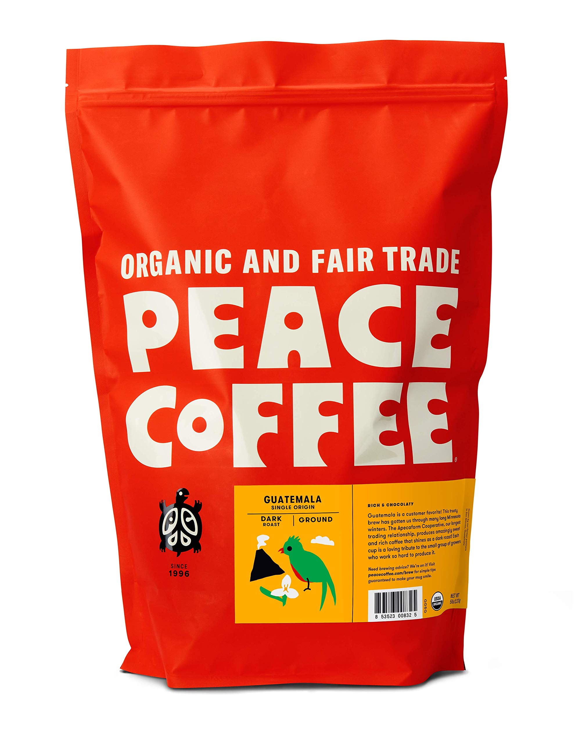 Organic Fair Trade Peace Coffee Guatemala Single Origin - 5 lb Ground Dark Roast with Rich Chocolatey Flavor | Shade Grown & Fresh Roasted | Perfect for Home Brewing, Office Use & Gift Giving