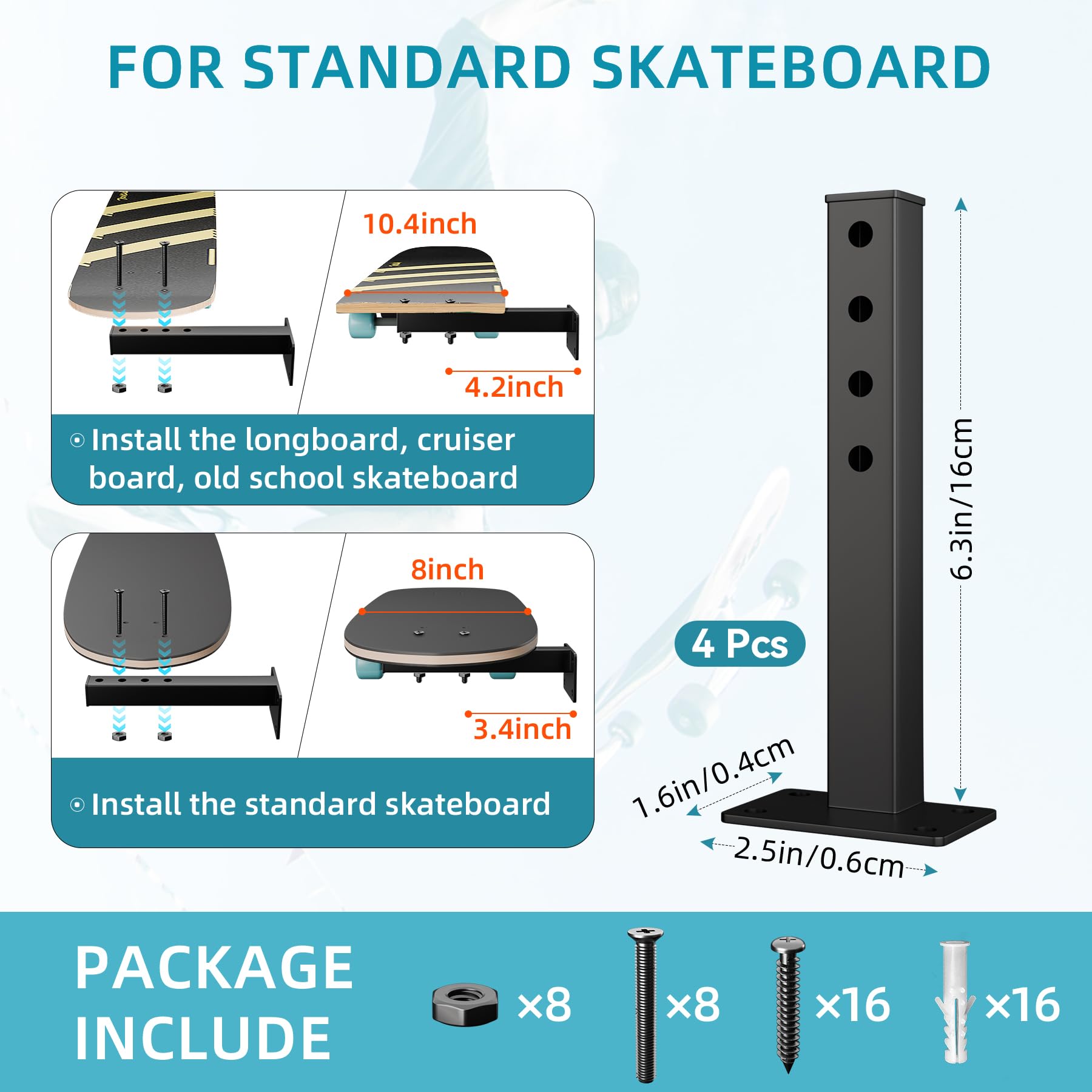 4 Pack Skateboard Wall Mount - Floating Longboard & Skateboard Deck Rack for Wall Display & Storage | Black | Perfect for Bedroom, Garage & Skate Shop Organization