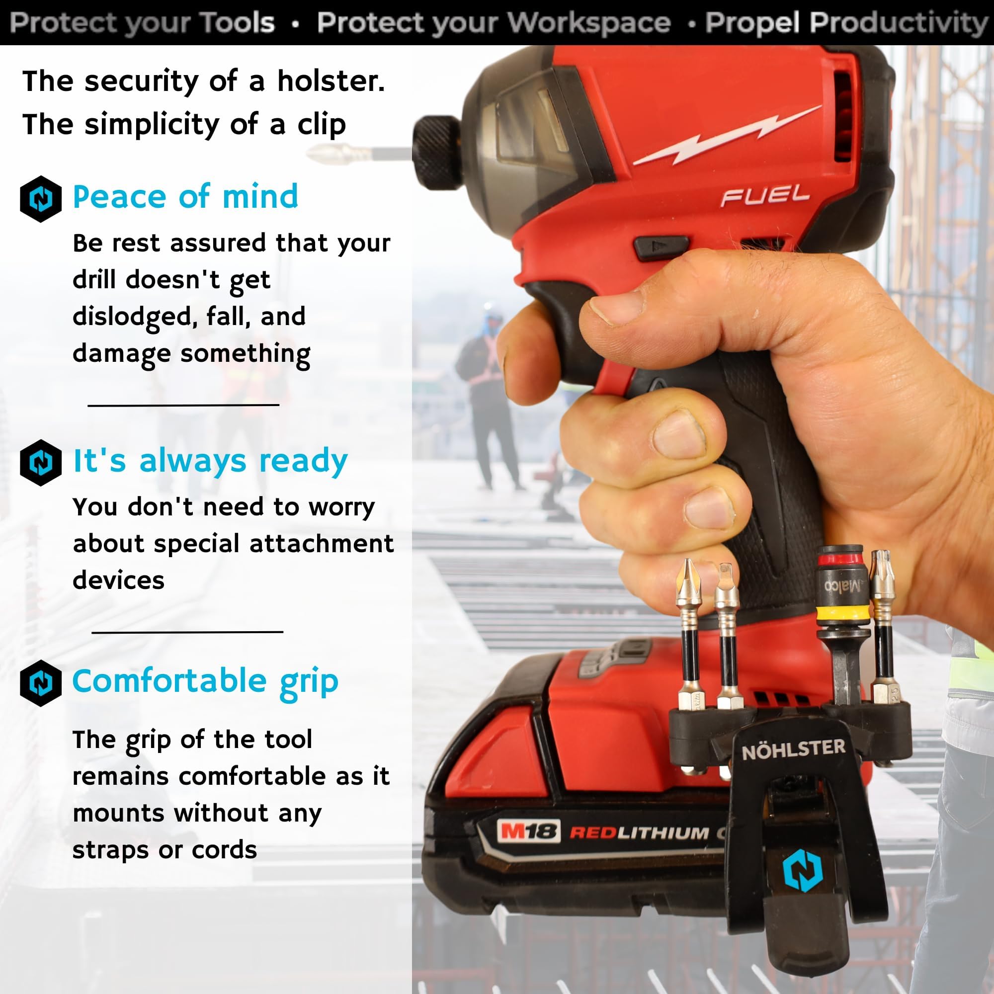 3 Pack Locking Tool Clip for Cordless Drills, Impact Drivers & Finish Nailers - No Holster Needed with Bit Holder Included - Perfect for Construction, Woodworking & DIY Projects