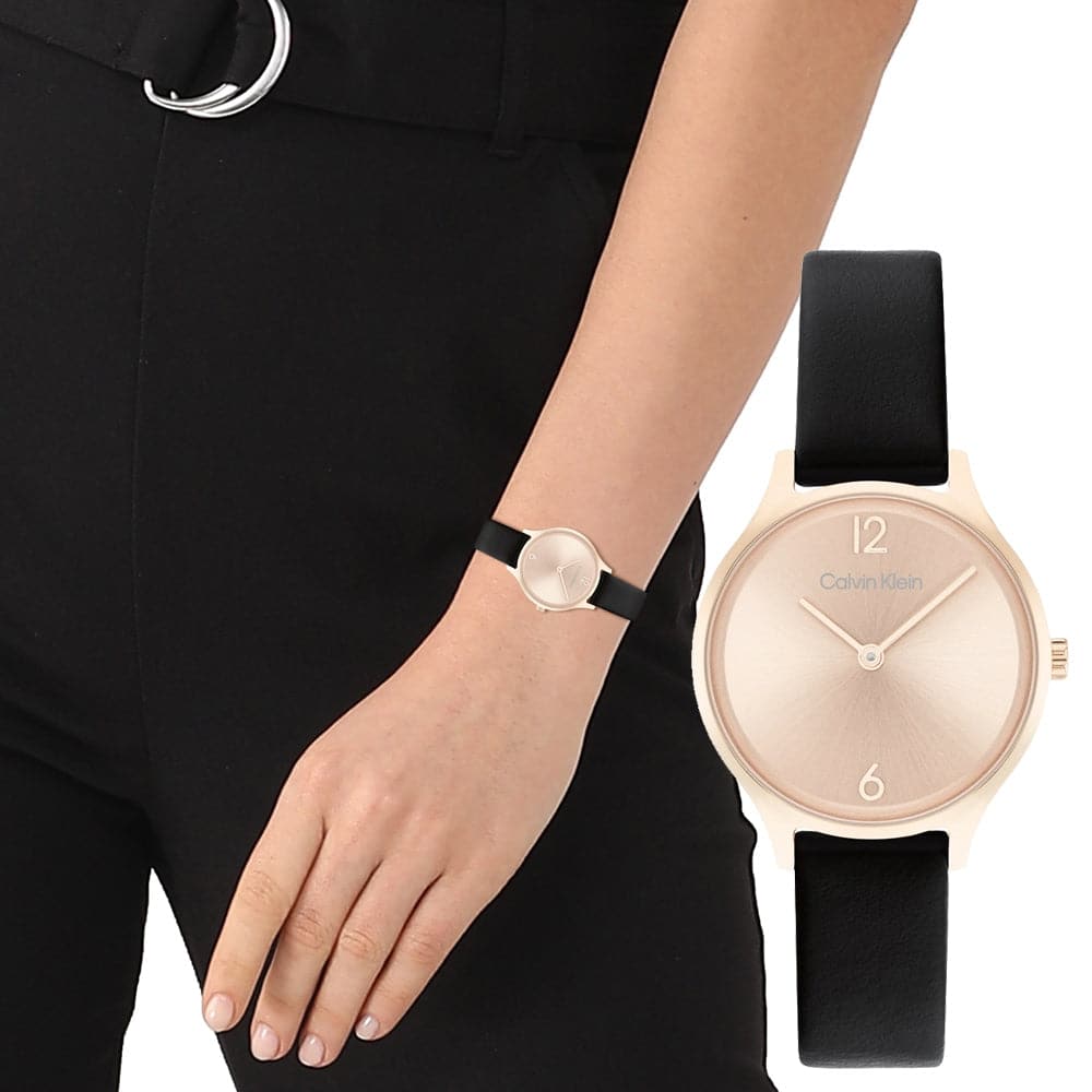 Calvin Klein Women's Rose Gold Dial Black Leather Strap Watch 25200060 - Elegant Dress Watch for Business & Evening Occasions