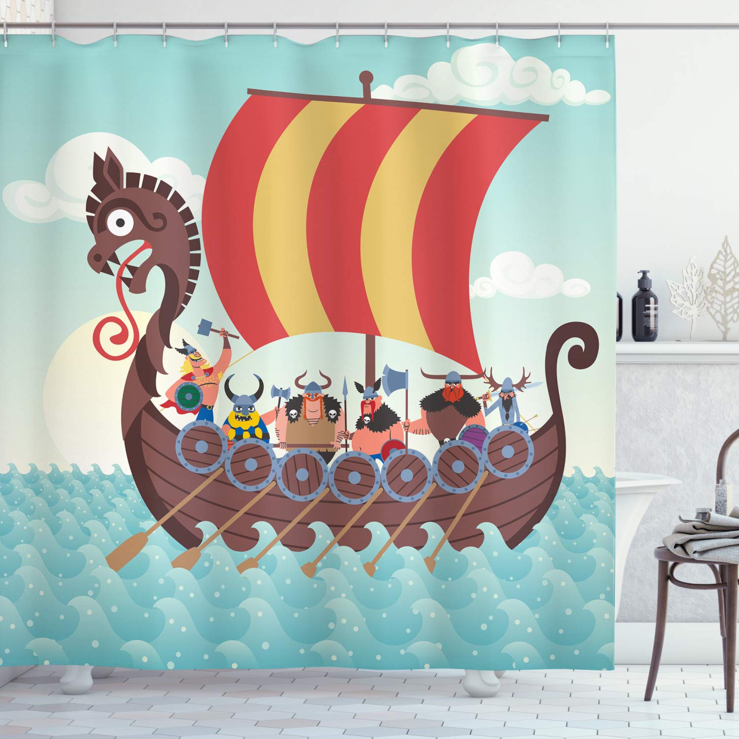Ambesonne Vikings Shower Curtain - Whimsical Dragon Ship Cartoon Design with Fun Characters, 69x84 Inch Cloth Fabric Bathroom Decor Set with Hooks in Pale Seafoam & Multicolor - Perfect for Viking-Themed Bathrooms and Norse Decor Enthusiasts