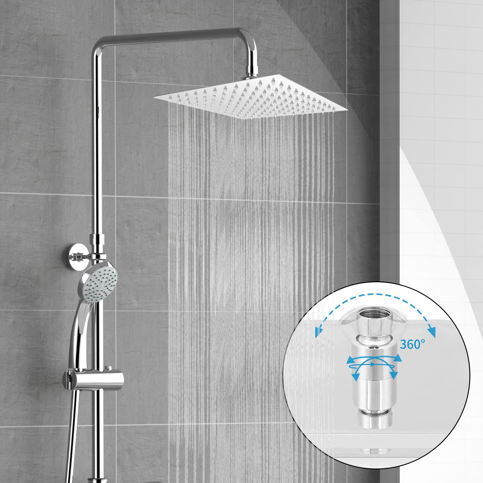 12 Inch Square High Pressure Shower Head - 360° Adjustable Angle Rainfall Showerhead with Universal Fit for Bathroom Replacement - Perfect for Spa-Like Relaxation & Modern Bathroom Upgrades
