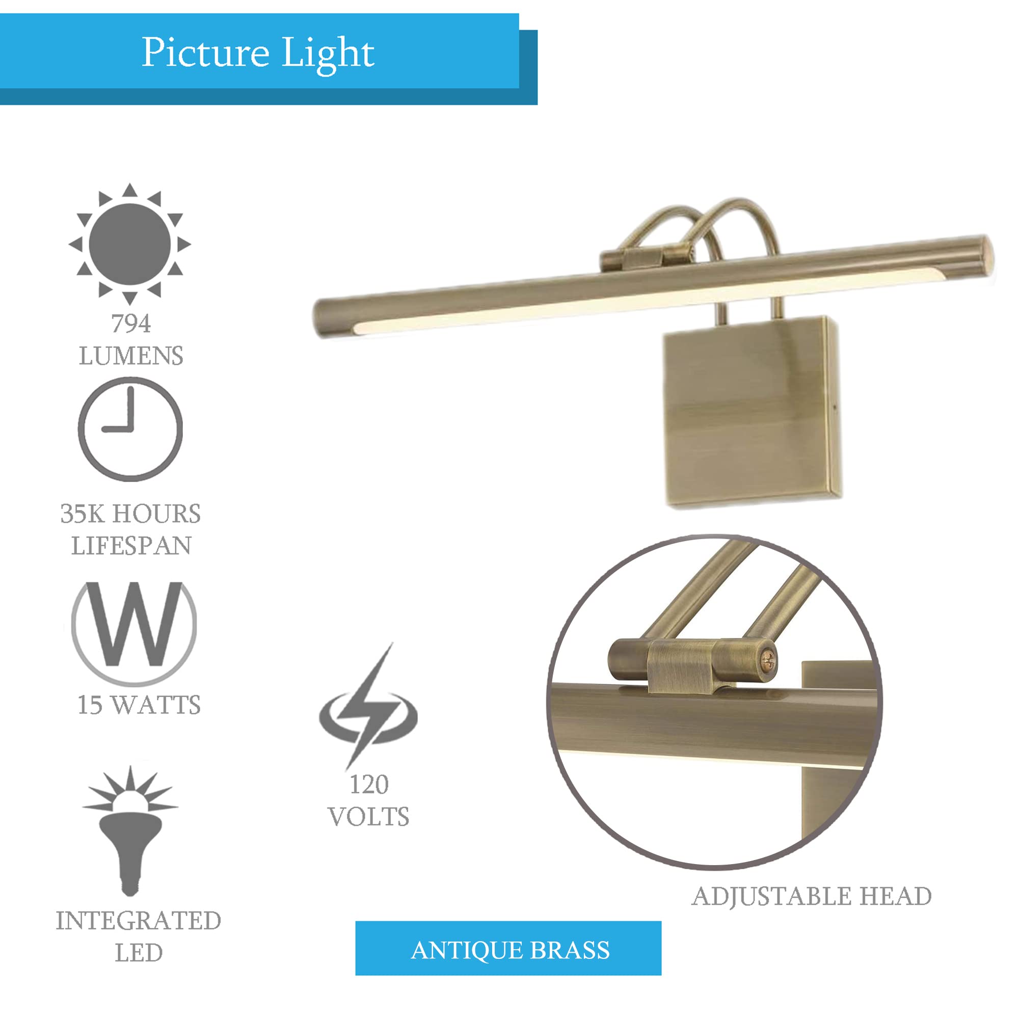 Ciata 17-Inch LED Picture Light for Wall Art - 3000K Warm White, 15W Adjustable Metal Frame Light with In-Line On/Off Switch, CRI90, Antique Brass - Perfect for Gallery, Museum & Home Decor Lighting