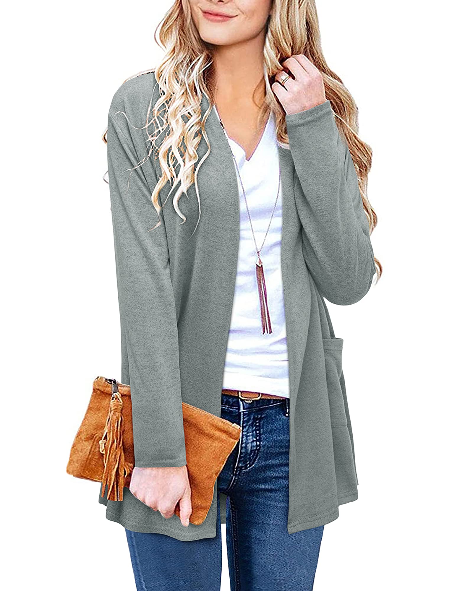 ULTRANICE Women's Long Sleeve Open Front Cardigan Sweater - Casual Loose Knit Buttonless Cover Up with Pockets - Perfect for Office, Lounge & Fall Layering