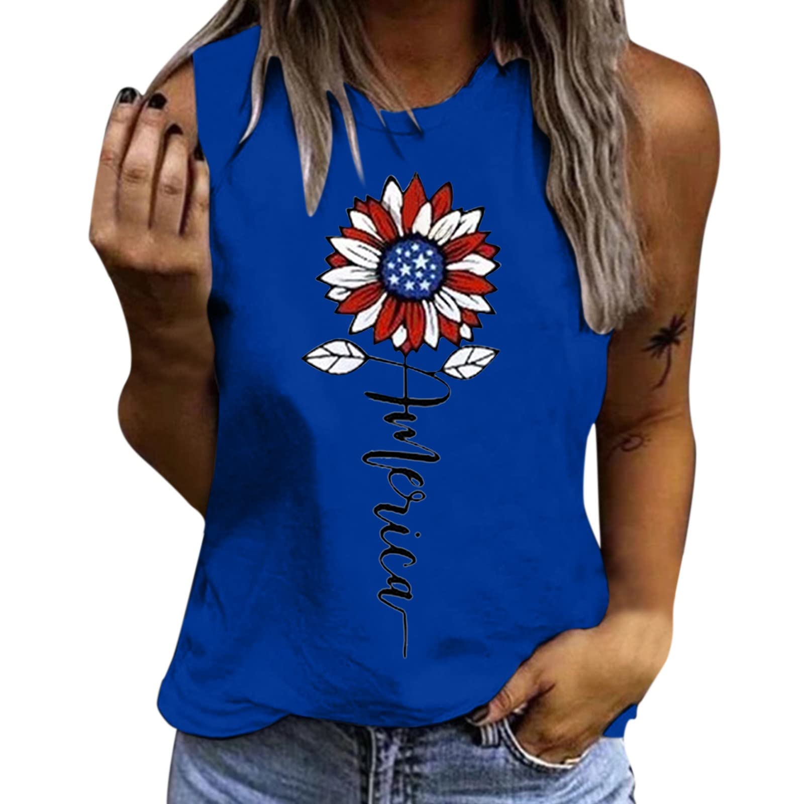 BEUU Women's Sleeveless Floral Print Crew Neck T-Shirt - Patriotic Vest Top for 4th of July, Summer Casual Wear | Perfect for Beach Outings, BBQs & Independence Day Celebrations