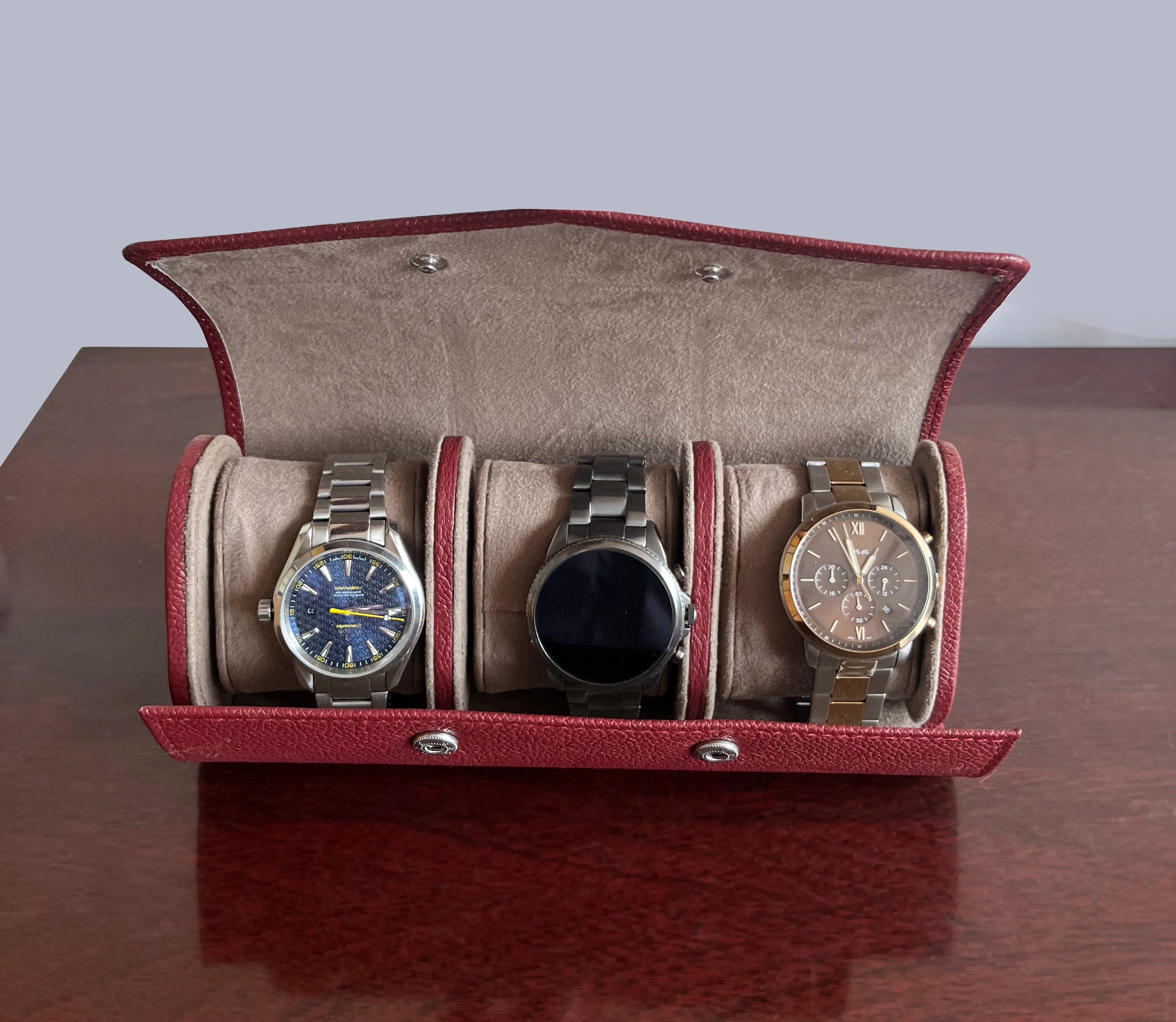 Premium 3-Slot Leather Travel Watch Case for Men & Women - Durable & Stylish Watch Organizer (Red) - Perfect for Business Trips, Vacations & Daily Storage