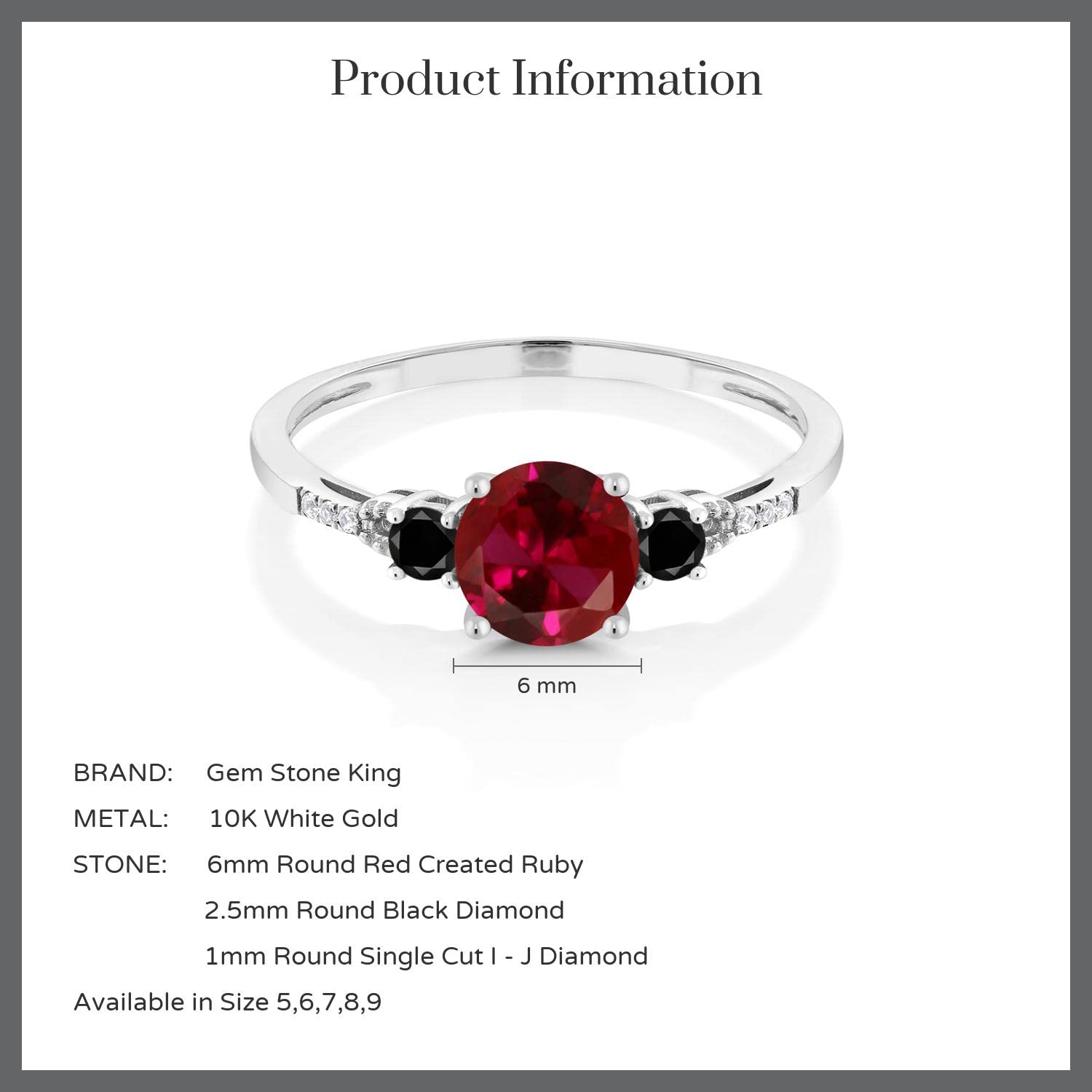 10K White Gold Red Created Ruby & Black Diamond 3-Stone Engagement Ring for Women | 1.18 CTTW | Wedding Anniversary Jewelry Gift | Perfect for Proposals, Bridal Sets & Special Occasions