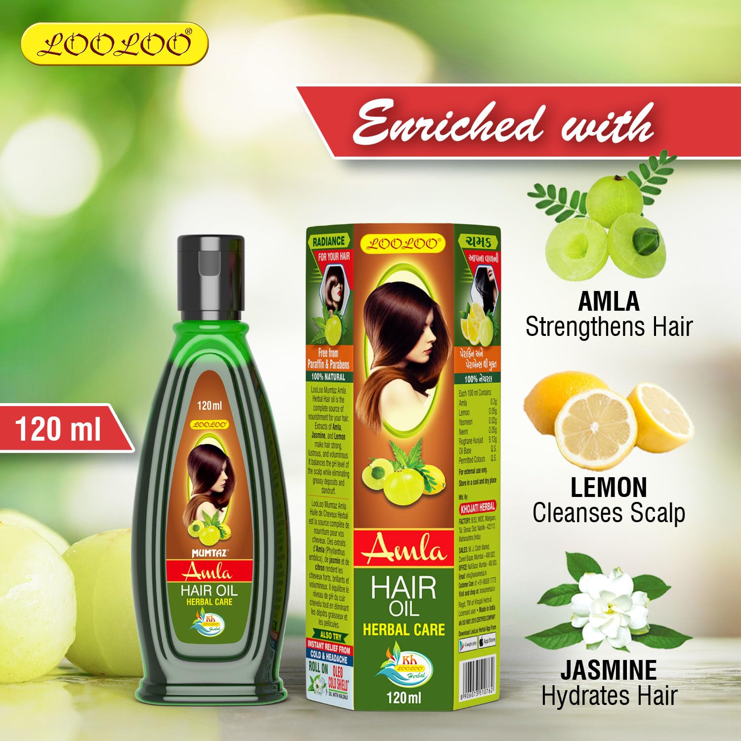 LooLoo Mumtaz Amla Hair Oil - 100% Natural Hair Growth Treatment with Amla, Jasmine & Lemon Extract - 3 Pack (120ml Each) for Dry, Damaged Hair & Scalp Care - Perfect for Daily Nourishment & Styling
