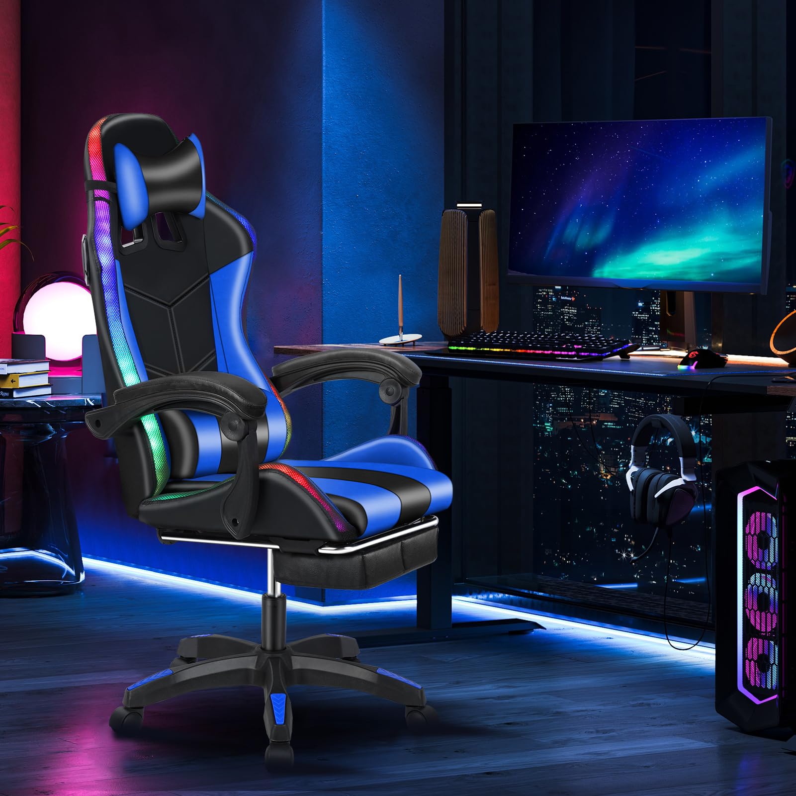 Premium Ergonomic Gaming Chair with Built-in Speakers & RGB LED Lights - Adjustable Height, Lumbar Support - Black & Blue - Perfect for PC Gaming, Streaming & Home Office Setup