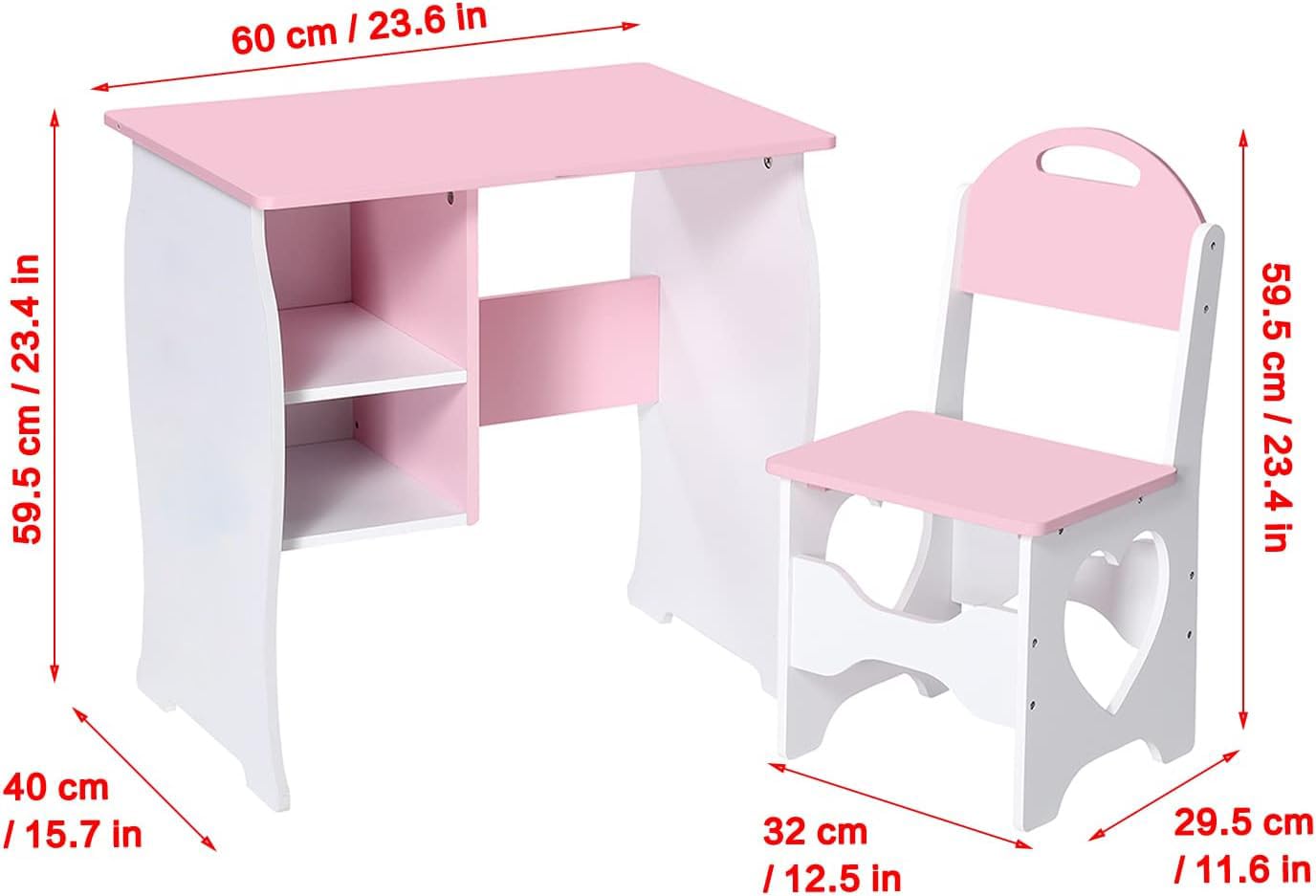 Kids Study Desk and Chair Set with Storage Shelf - Wooden School Table for Homeschooling, Writing & Learning - Perfect for Bedroom, Playroom & Home Classroom (Pink & White)