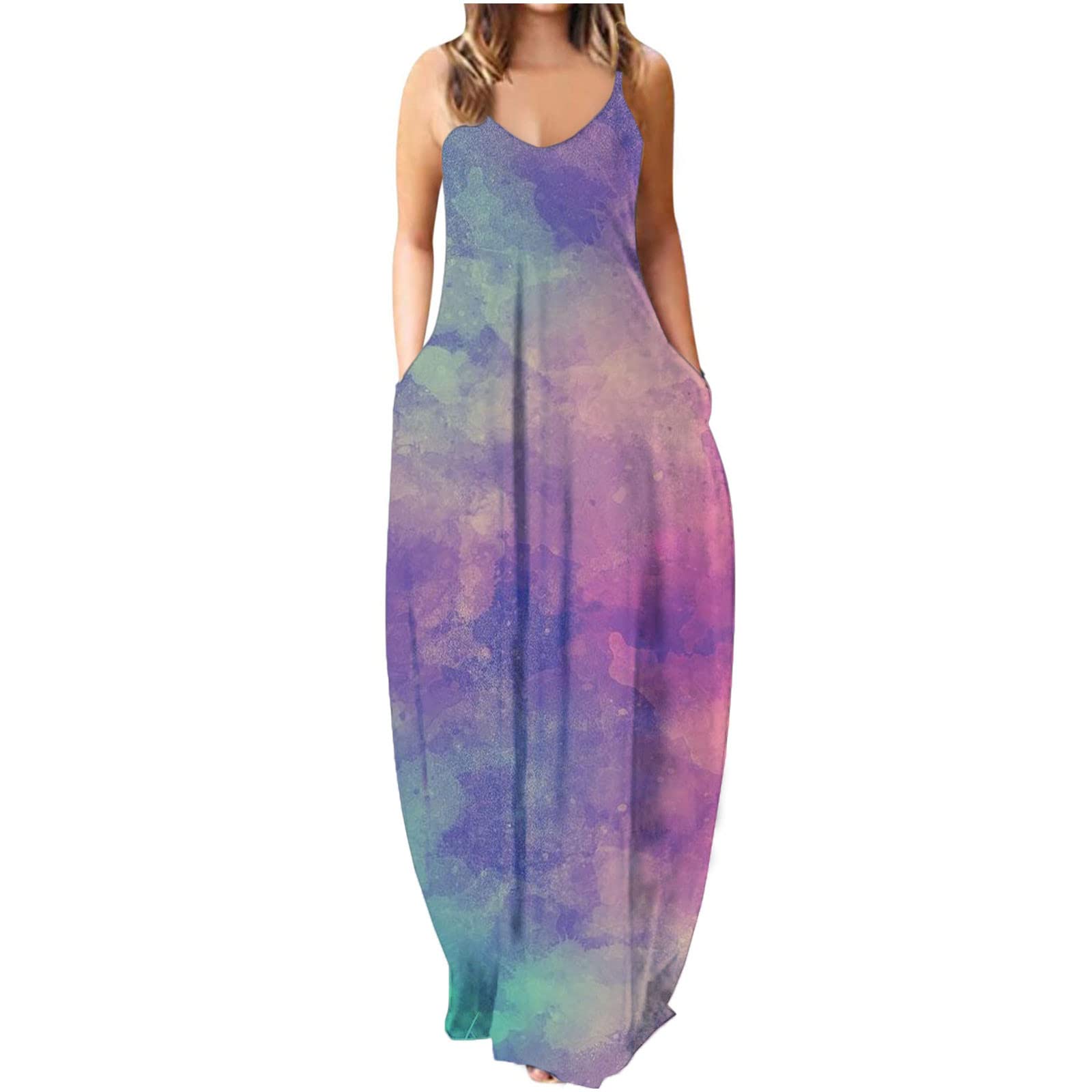 NaRHbrg Women's Summer Maxi Dress 2022 - Loose Long Dress with Pockets, Plus Size & Juniors, Camisole Style for Beach, Vacation & Casual Wear