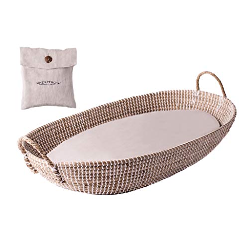 Baby Changing Basket with Pad - CPSC Safety Compliant 100% Quilted Linen Cover - Nursery Changing Table Organizer - Moses Basket Style Diaper Changing Station - 32