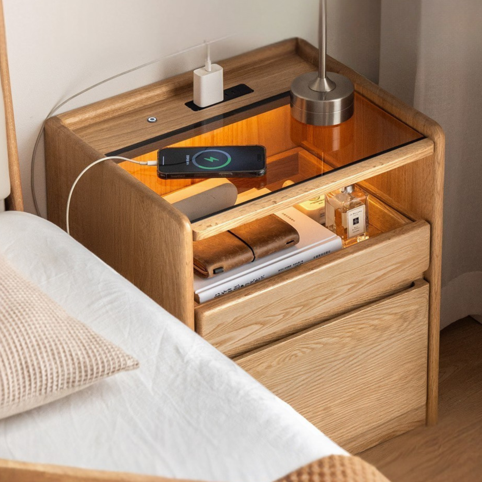 Modern Oak & Ash Solid Wood Nightstand - Stylish Bedside Table for Bedroom, Living Room, or Guest Room - Perfect for Storage & Décor