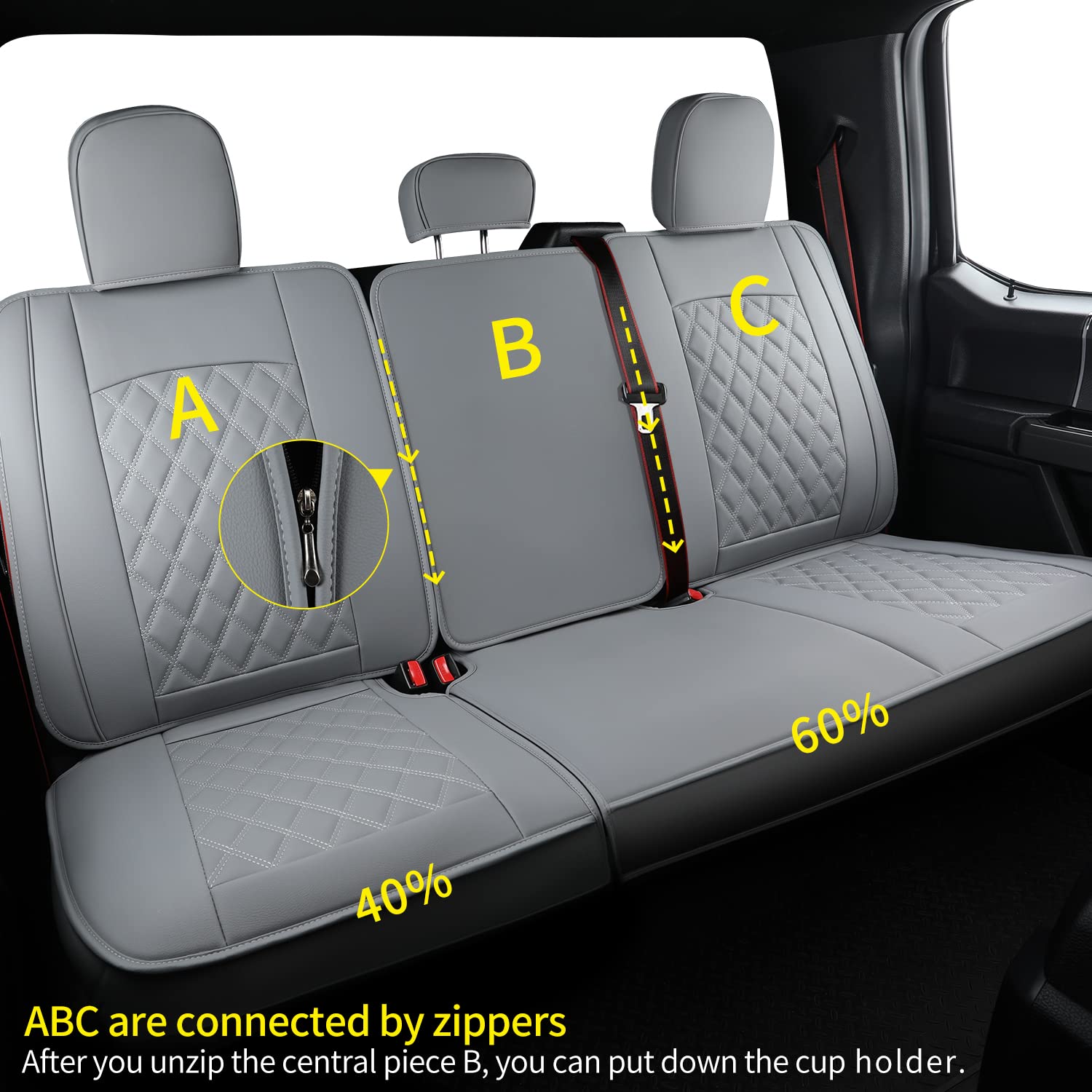 LUCKYMAN Club F150 Faux Leather Seat Covers S07-Q2 - Full Set Gray - Compatible with 2015-2025 Ford F150 & 2017-2025 F250 F350 F450 Pickup Trucks - Premium Protection & Comfort for Work & Road Trips