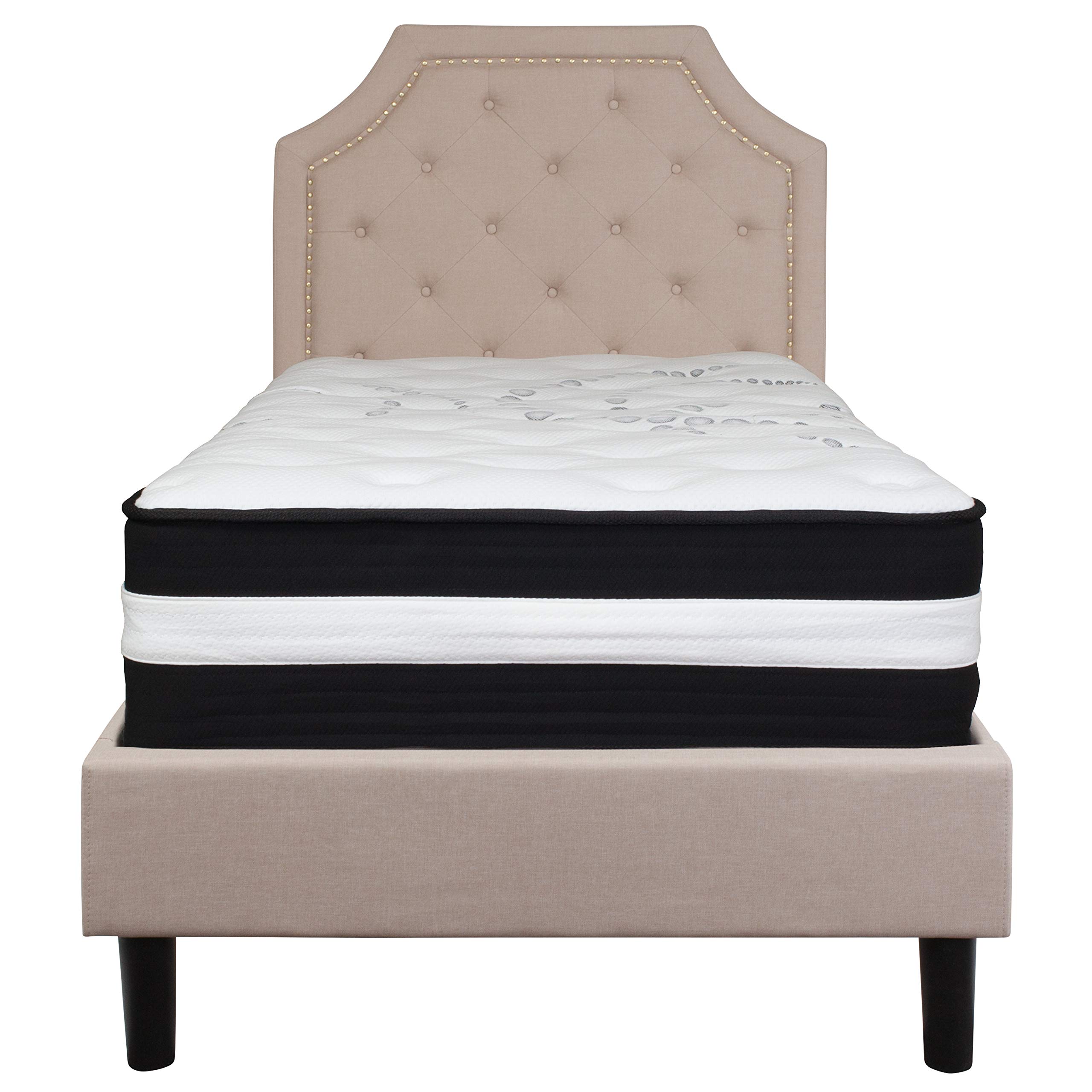 Flash Furniture Brighton Twin Size Tufted Upholstered Platform Bed with Pocket Spring Mattress - Beige Fabric Bed Frame for Small Spaces, Guest Rooms & Kids Bedrooms