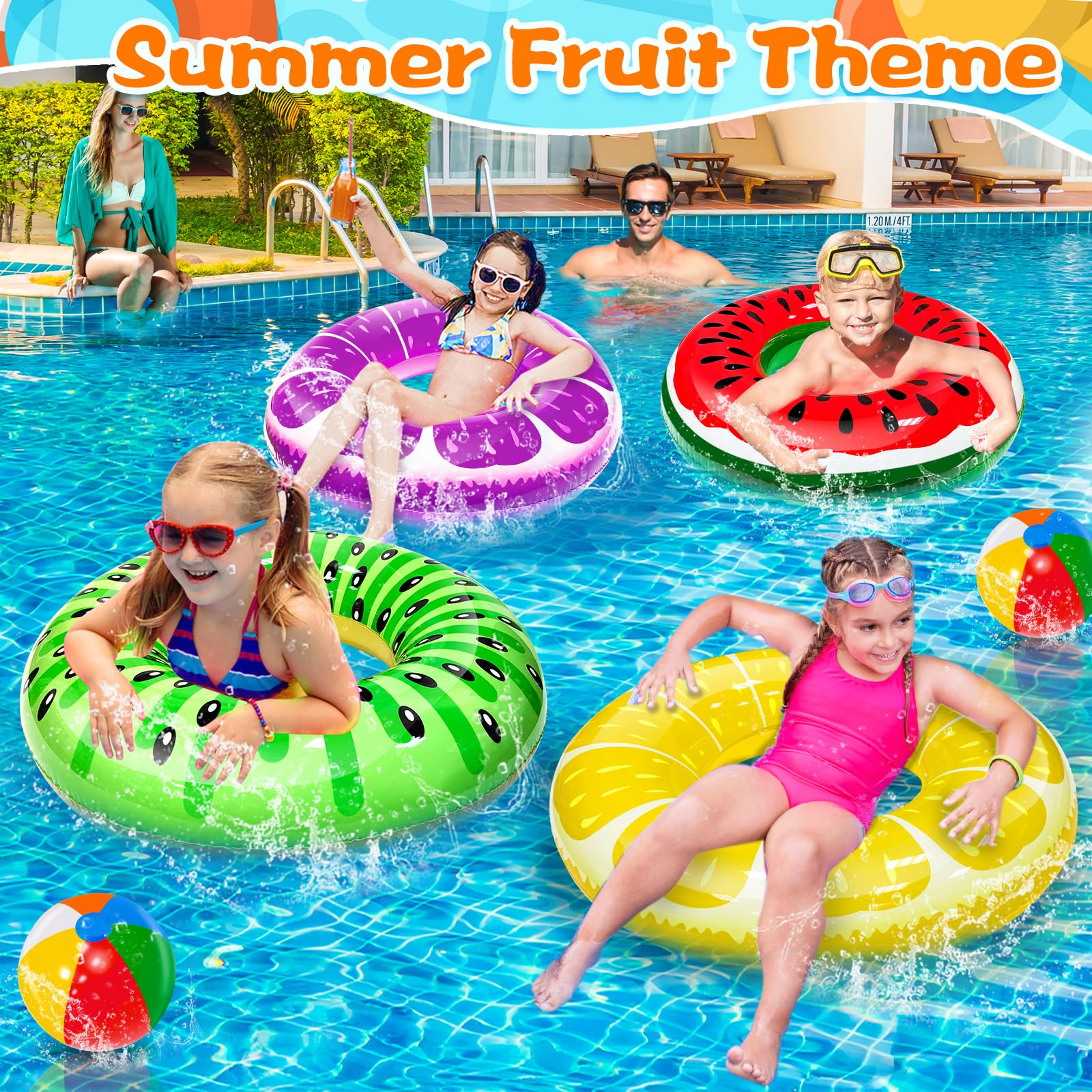 8 Pack Inflatable Pool Floats for Kids & Adults - 4 Fruit Swim Rings + 4 Beach Balls - Summer Water Toys for Pool, Beach, Luau Parties & Backyard Fun - Hawaiian-Themed Floaties for Swimming & Relaxation
