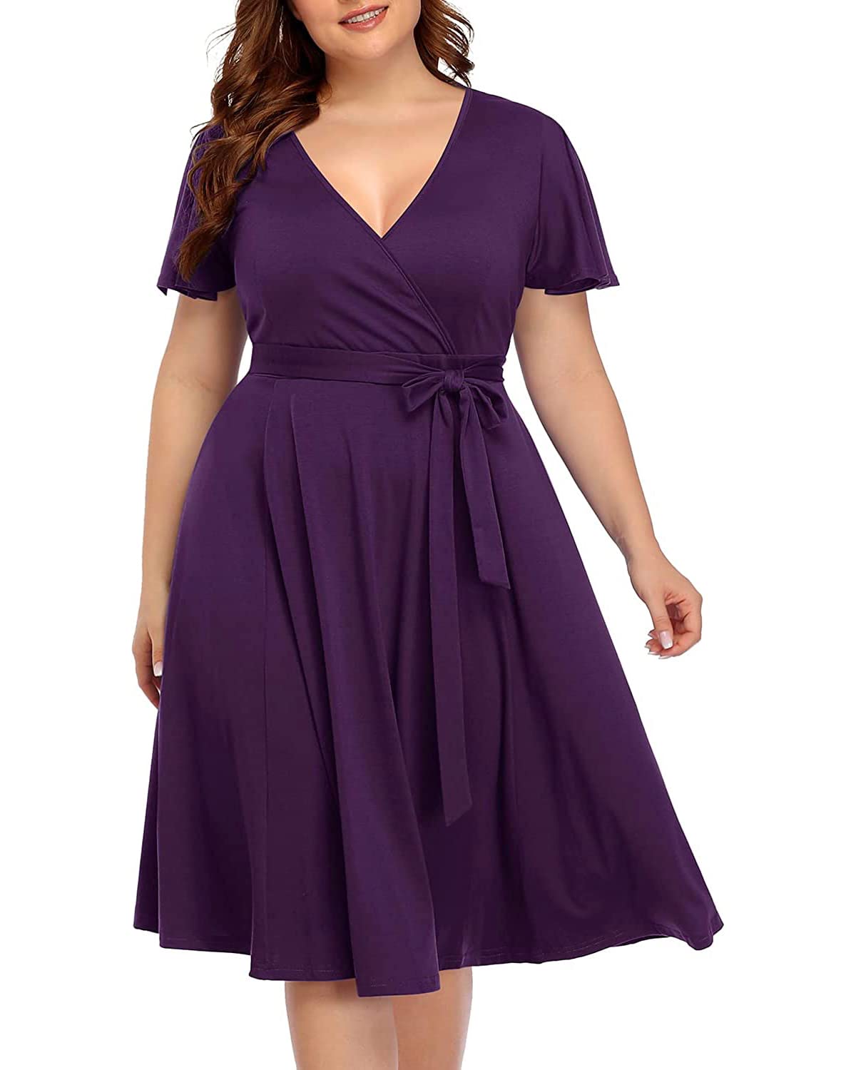 Plus Size Women's Pinup Fashion Wrap Dress - Empire Waist Semi-Formal Cocktail Midi Dress for Wedding Guest, Date Night & Special Occasions