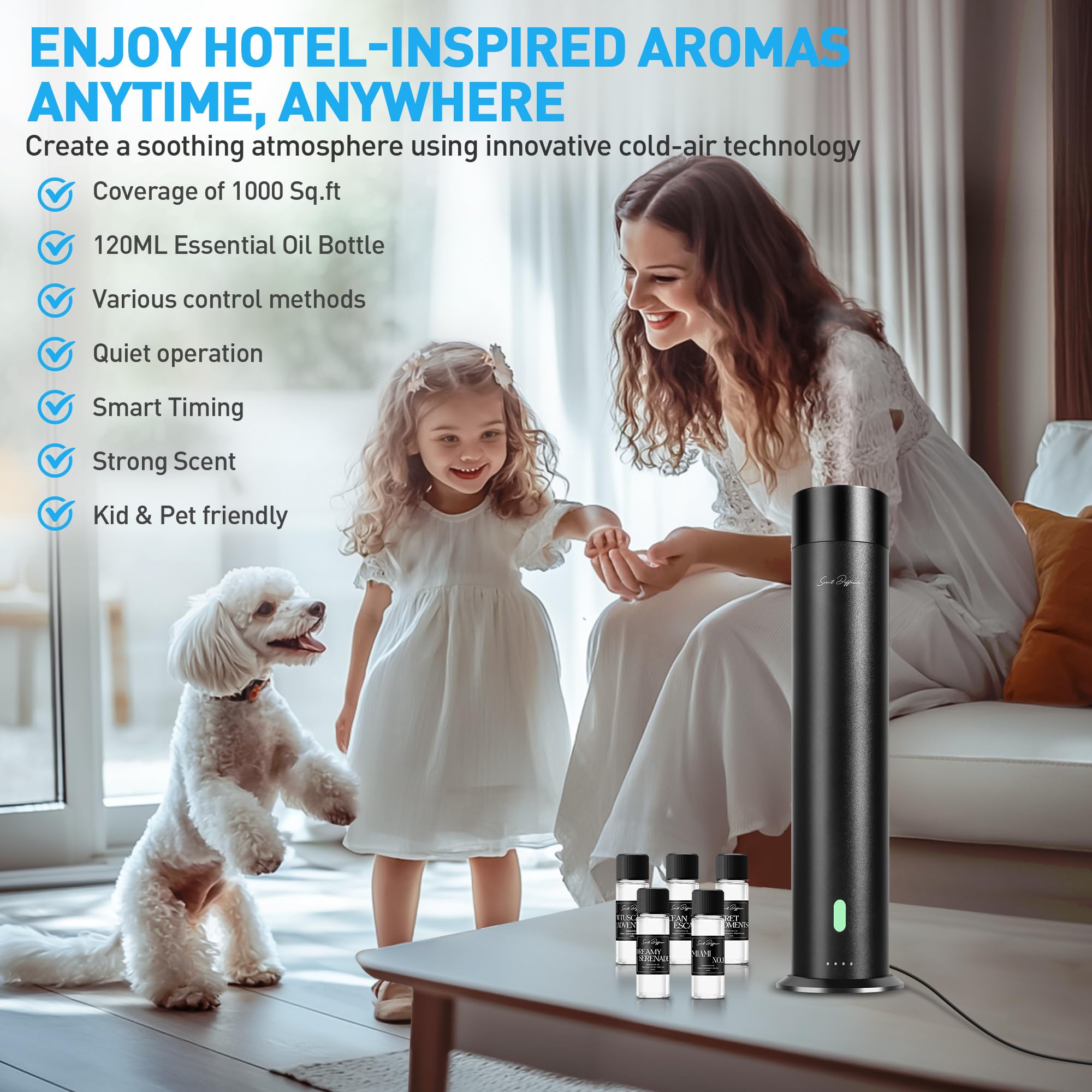 Waterless Scent Diffuser Starter Kit - 1000 Sq Ft Coverage, Hotel & Home Aroma Diffuser with Remote Control, Black (11 Inch) - Perfect for Living Rooms, Bedrooms, Offices, and Spas