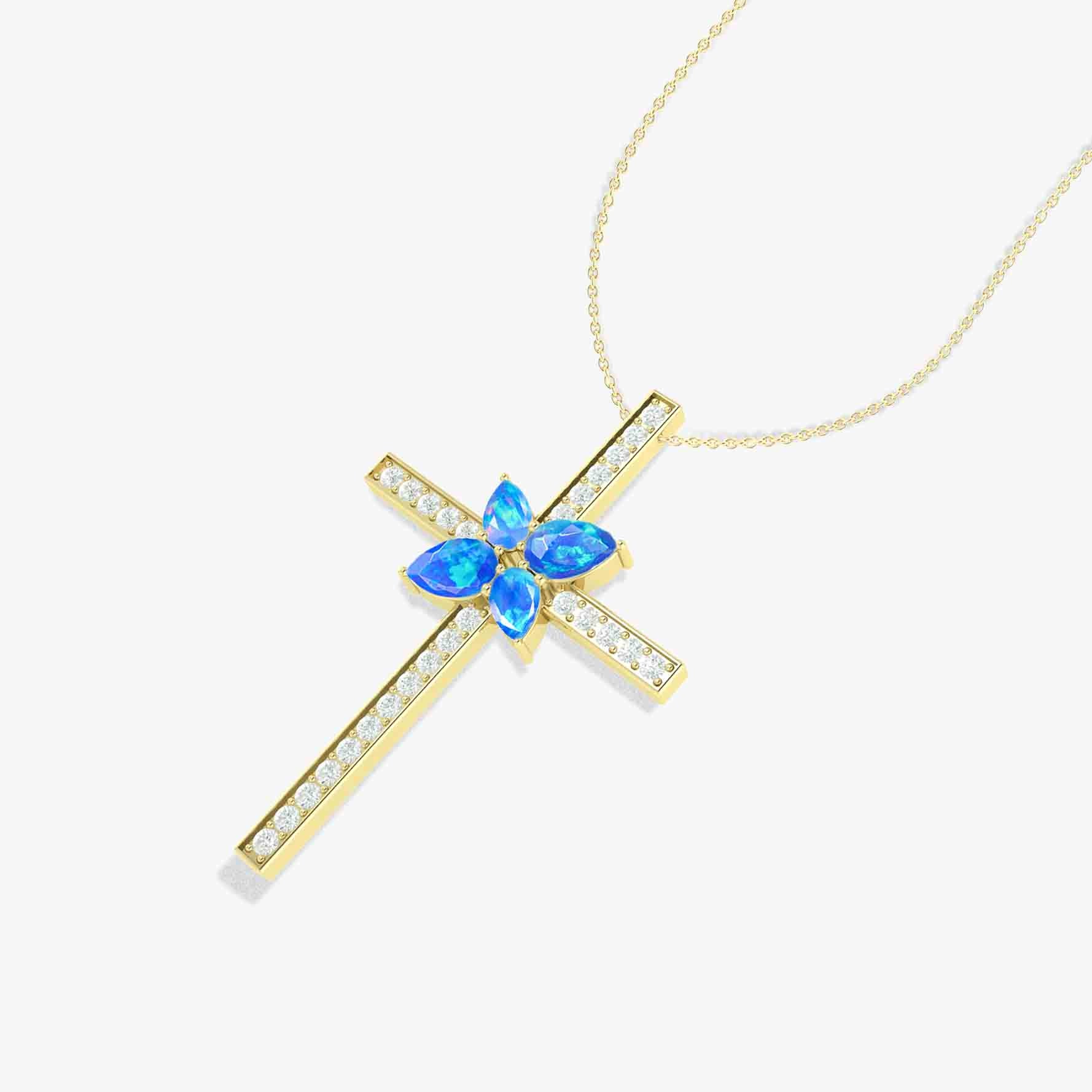 Natural Blue Opal Cross Pendant Necklace for Women - Elegant Layering Chain Jewelry for Everyday Wear, Gifts & Special Occasions
