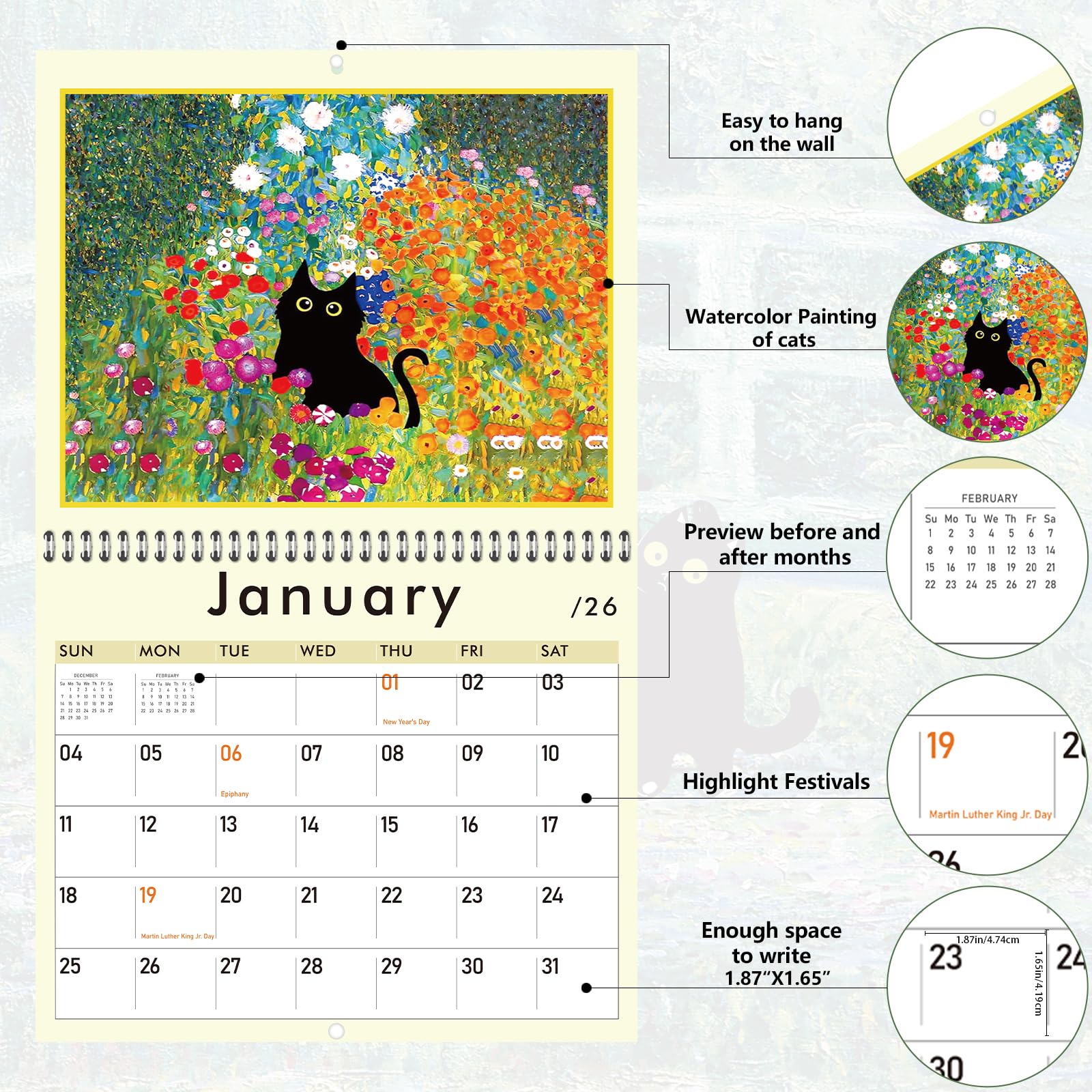 GuassLee 2025-2026 Cat Wall Calendar - 19 Month Vertical Hanging Calendar from June 2025 to December 2026 - 14