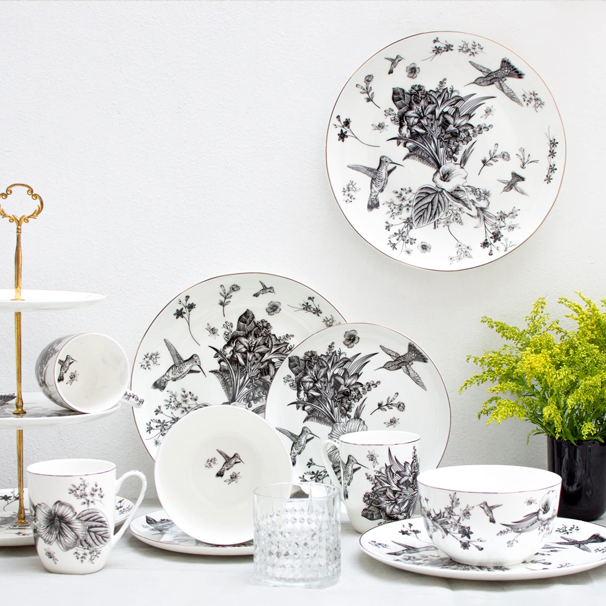 KOKEN 4-Piece Ceramic Dinnerware Set - Botanic Plates & Bowls for Salad, Dessert & Cereal | Microwave Safe Bone China Dishes | Perfect for Family Dining, Dinner Parties & Everyday Use