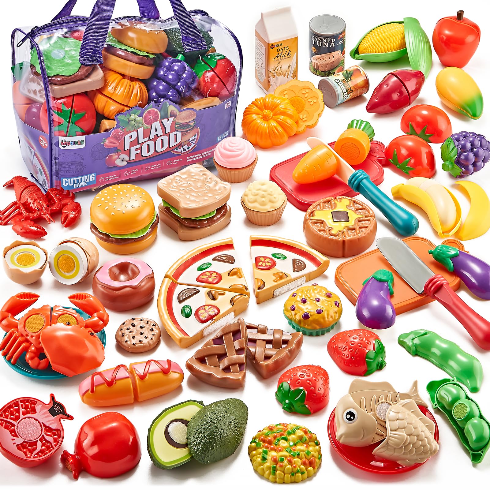 78Pc Pretend Play Food Set for Kids - Cutting Toy Vegetables, Fruits & Pizza with Storage Bag - Realistic Play Kitchen Accessories for Boys & Girls - Perfect for Role Play, Birthday Gifts & Learning Fun