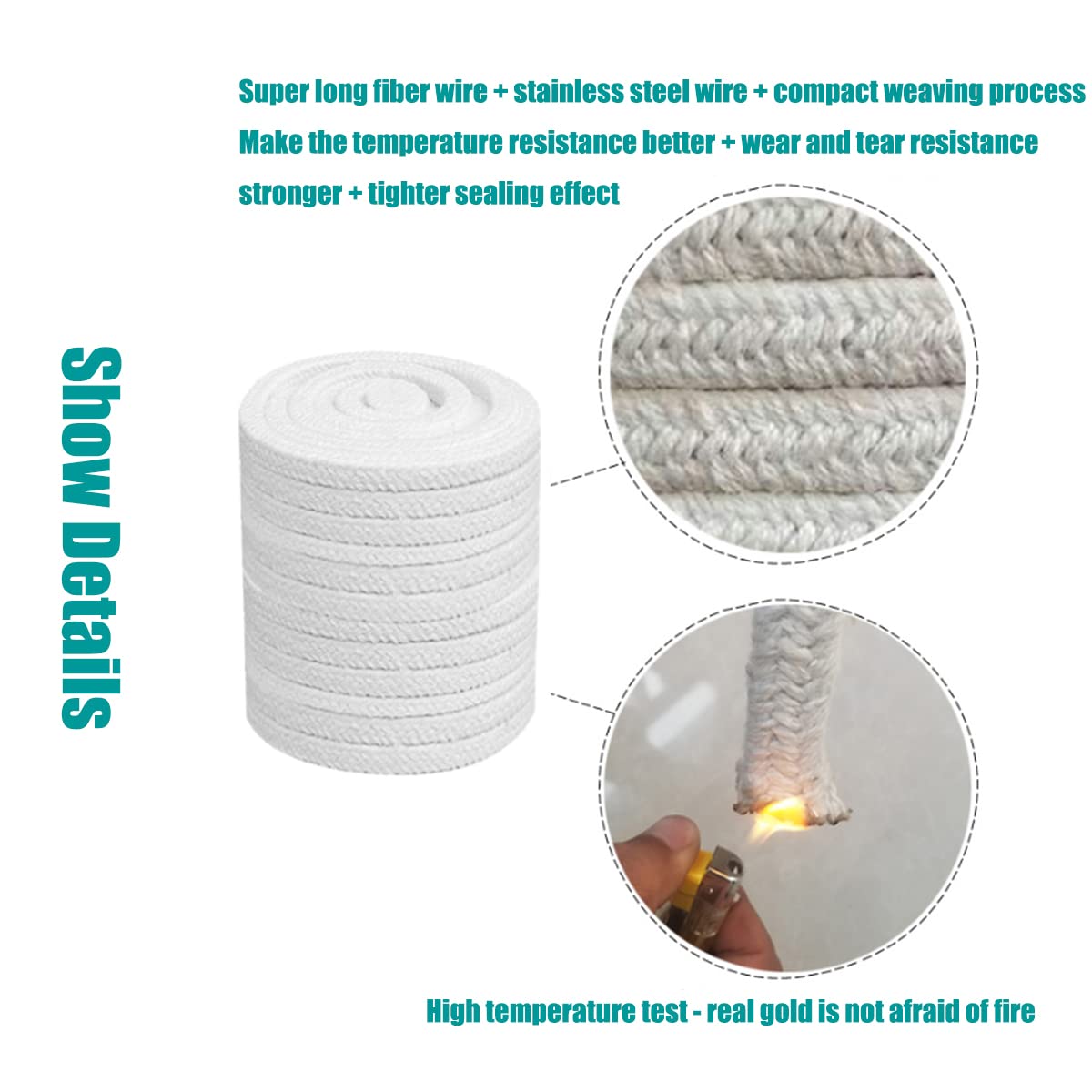 High-Temperature Ceramic Fiber Rope Gasket - 5mm Diameter Round Braided Rope Seal (10m Length) for Boiler, Furnace, Oven, Kiln & Casting Applications - Heat Resistant Insulation Solution for Industrial & DIY Projects