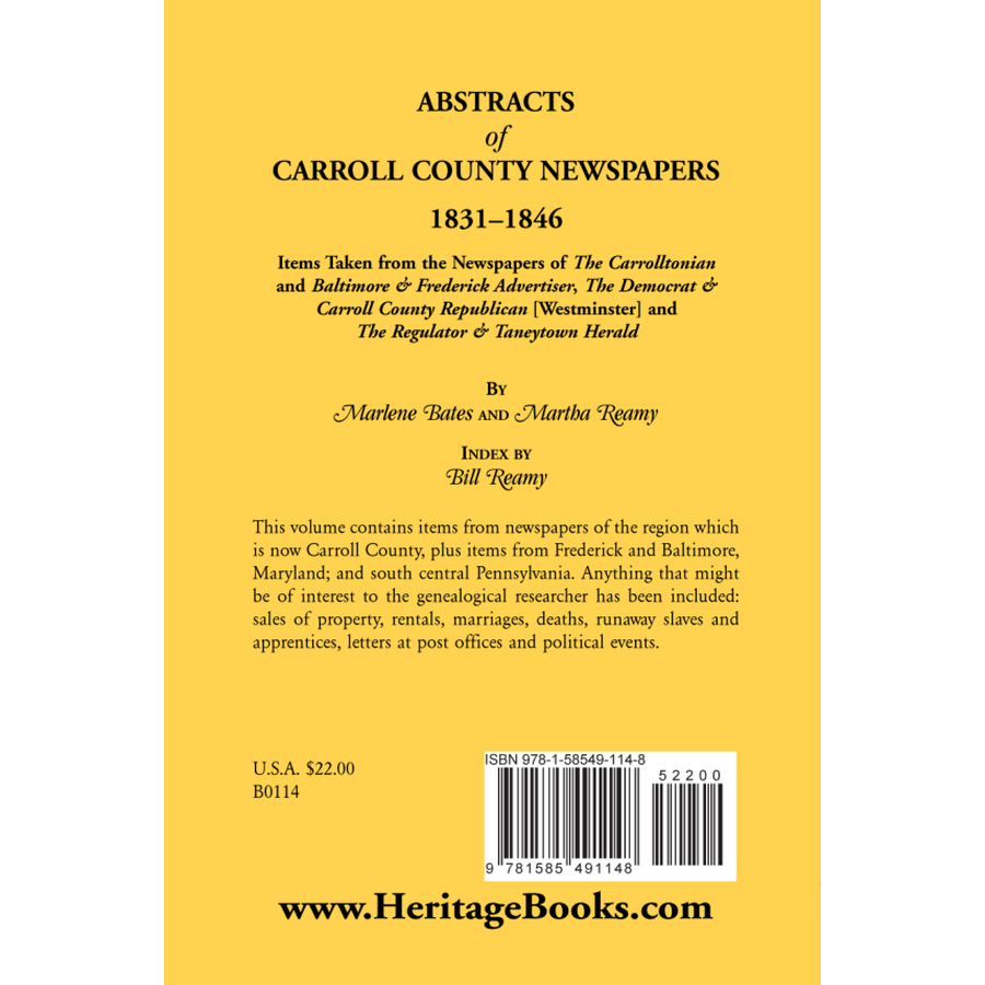 Vintage Carroll County Maryland Newspaper Abstracts 1831-1846 - Historical Genealogy Research & Local History Study Resource