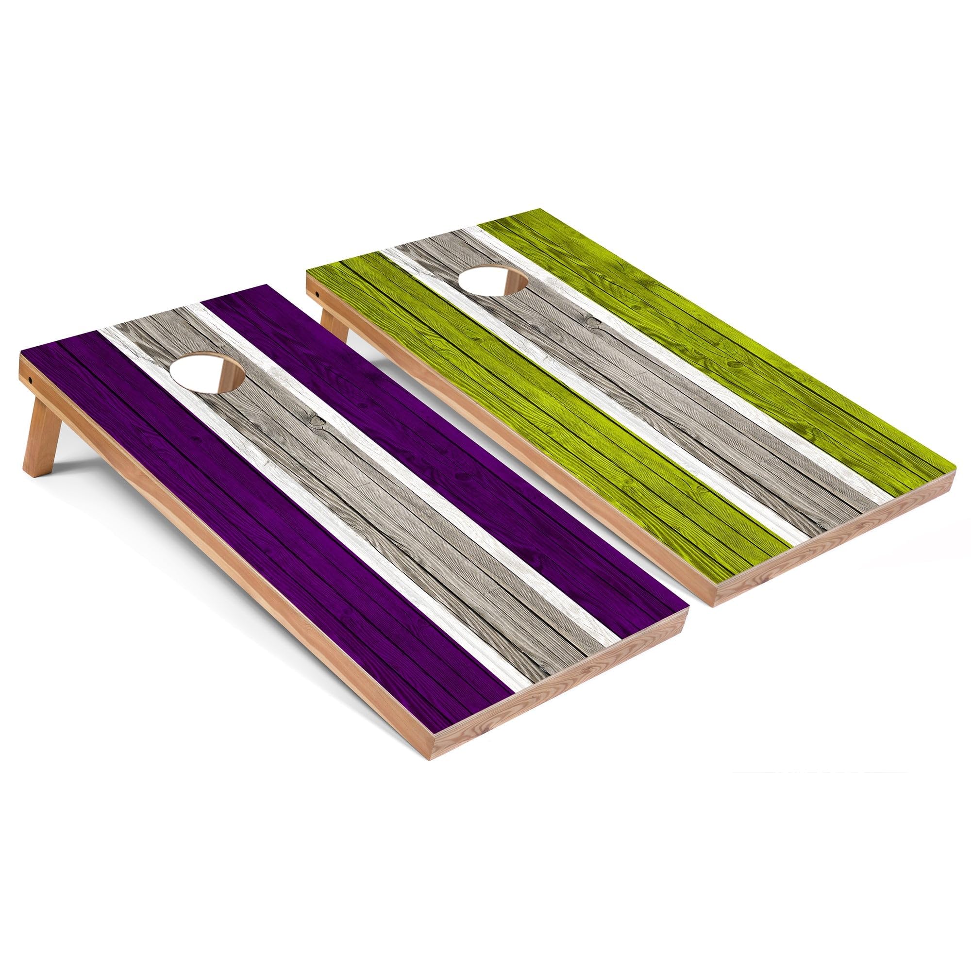 Regulation 2x4 Corn Hole Board Game Set with 8 Bags - Purple & Lime Striped Design for Outdoor Parties, Tailgating & Backyard Fun