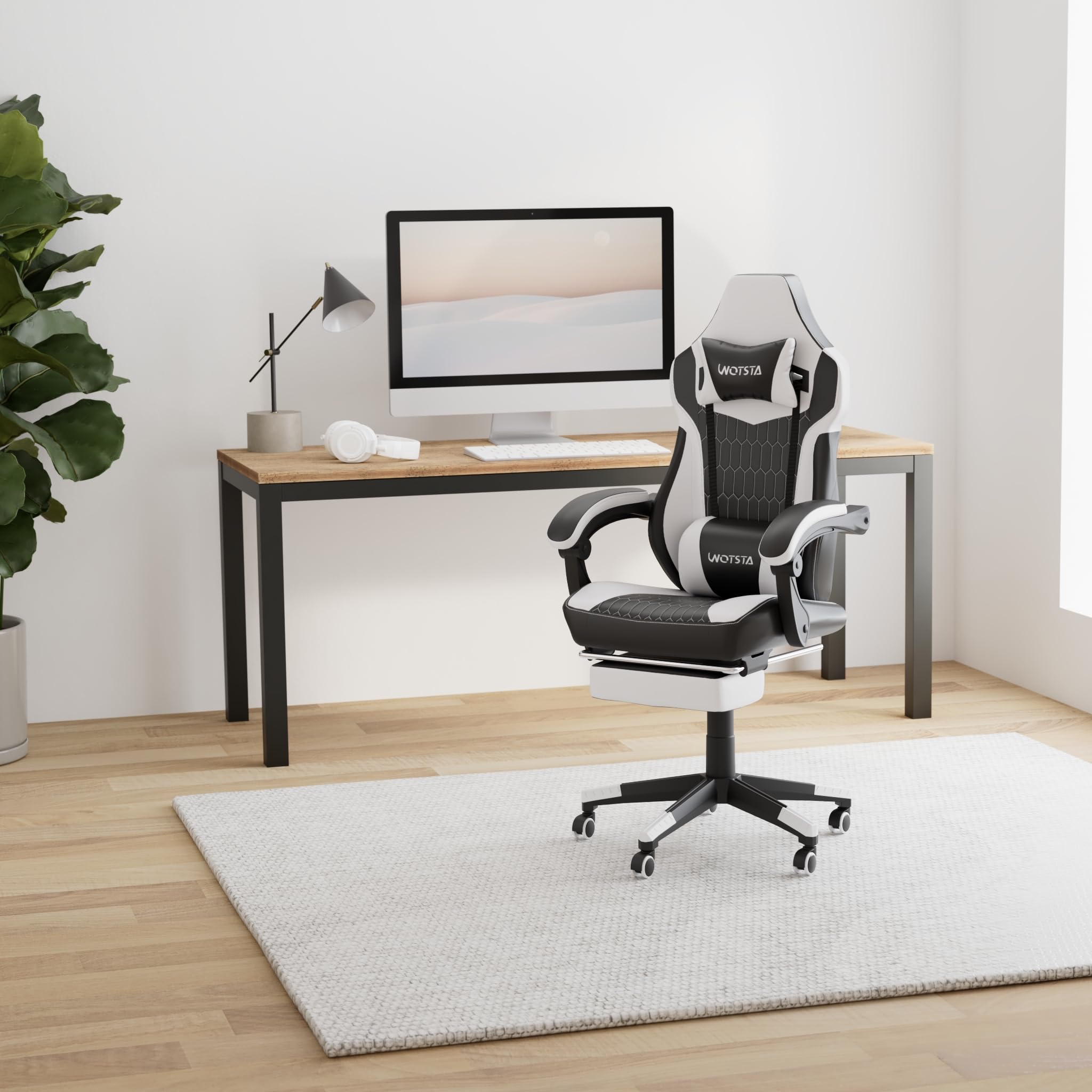 Premium Ergonomic Gaming Chair with Adjustable Footrest & Lumbar Support - High Back Racing Style PC/Office Chair with Headrest - PU Leather Video Game Chair for Home & Work (Black/White) - Perfect for Long Gaming Sessions, Streaming & Remote Work