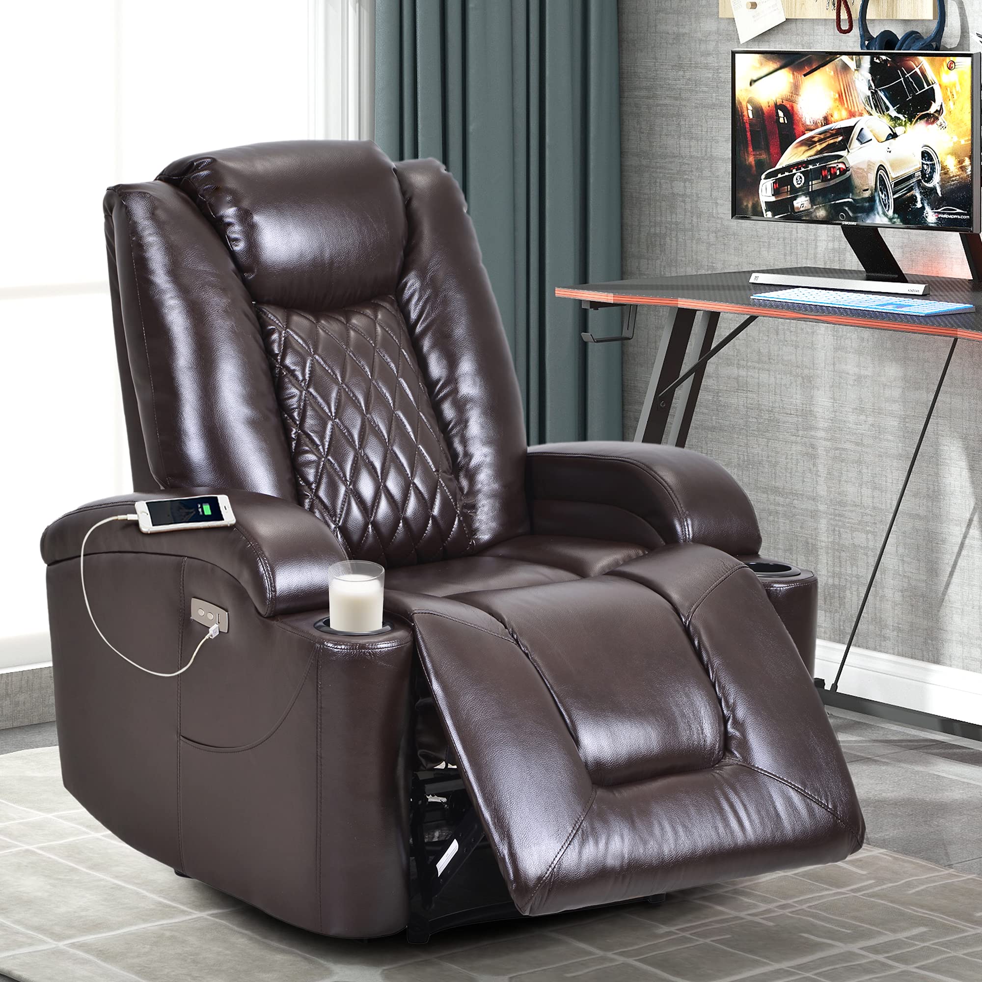 Electric Power Recliner Chair with USB Charging Port & Cup Holder - Overstuffed PU Leather Reclining Sofa for Home Theater, Living Room & Bedroom - Perfect for Movie Nights, Gaming & Relaxation