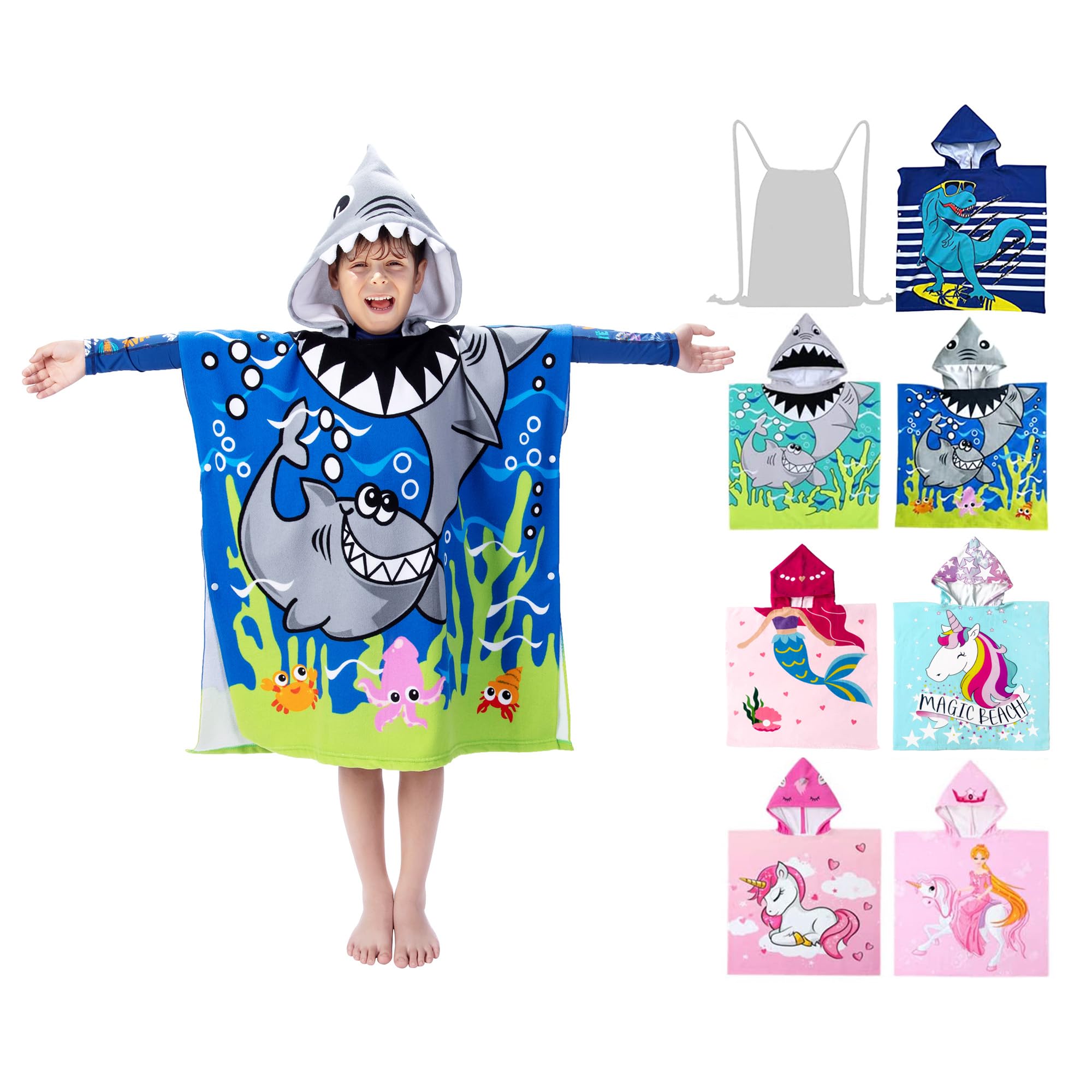 **Hooded Kids Beach Towels for Boys & Girls Ages 4-10 | Quick Dry Lightweight Soft Microfiber Toddler Swim Cover Up | 30x30 Inch Poncho with Carry Bag (Navy Sharks) - Perfect for Pool, Beach & Bath Time**