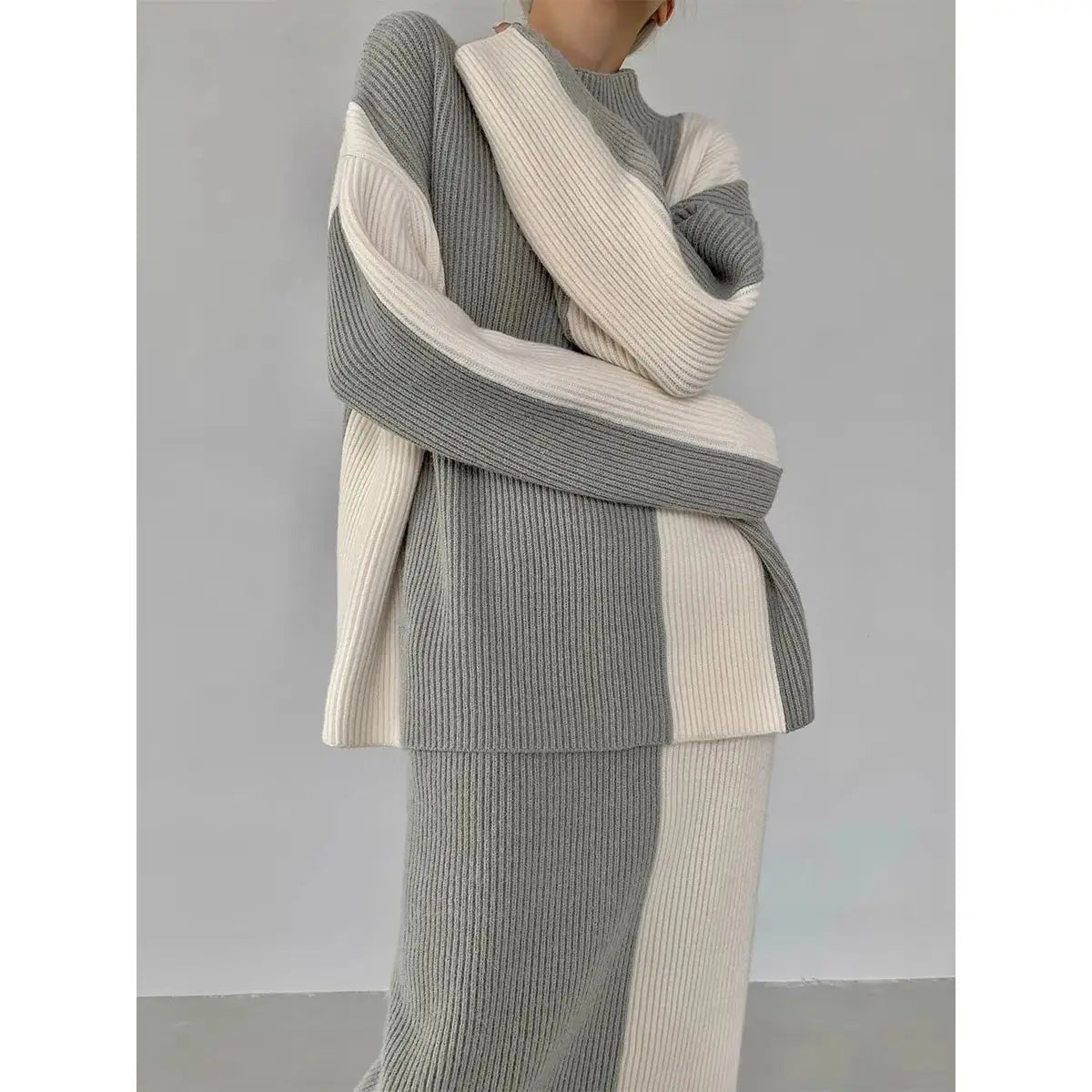 2023 New Y2K Korean Style Knitted Women's Thickened Turtleneck Color Block Sweater & Skirt Two-Piece Set - Cozy Winter Outfit for Casual Wear, Dating, Office & Street Fashion