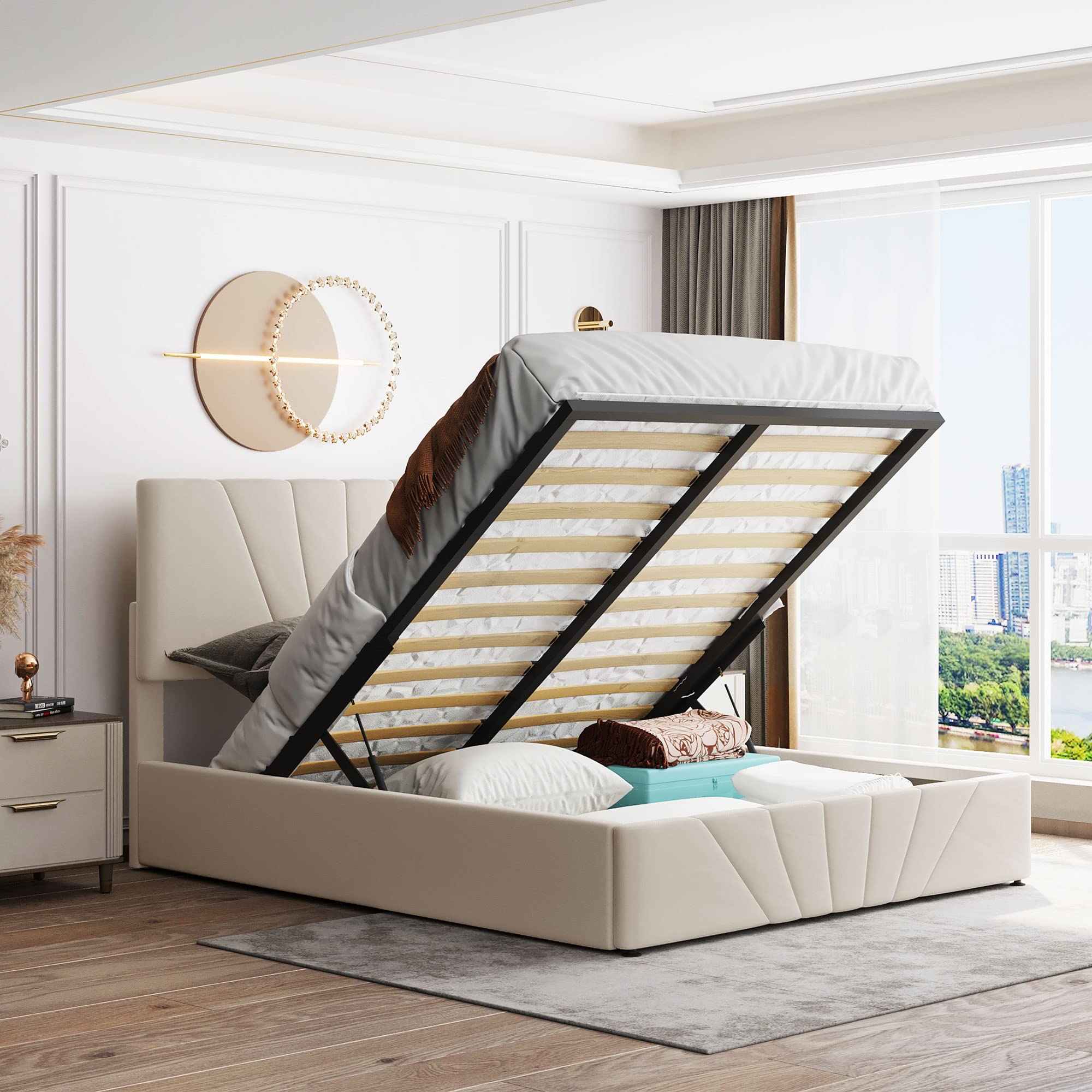 Queen Size Upholstered Platform Bed with Hydraulic Storage System - Modern Linen Lift Storage Bed with Headboard & Slat Support for Kids, Teens & Adults (Beige) | Space-Saving Bedroom Furniture for Small Apartments & Guest Rooms