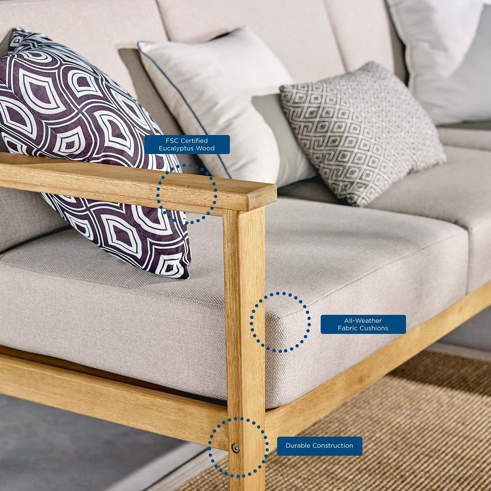 Modway Outdoor Patio Eucalyptus Wood Sectional Sofa Right-Facing Loveseat in Natural Taupe - Durable Weather-Resistant Garden Furniture for Backyard, Poolside & Patio Relaxation