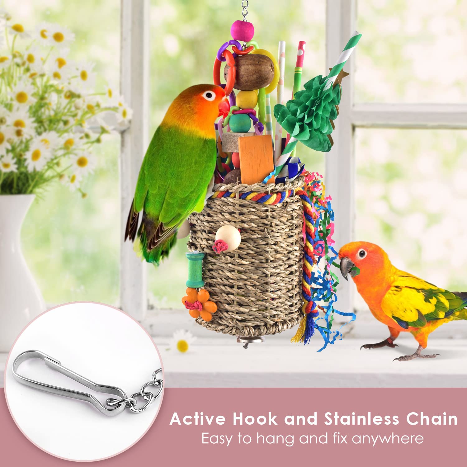 KATUMO Bird Toys for Parakeets, Cockatiels & Conures - Natural Grass Foraging & Shredding Basket - Small & Medium Bird Cage Toys - Perfect for Mental Stimulation & Playtime