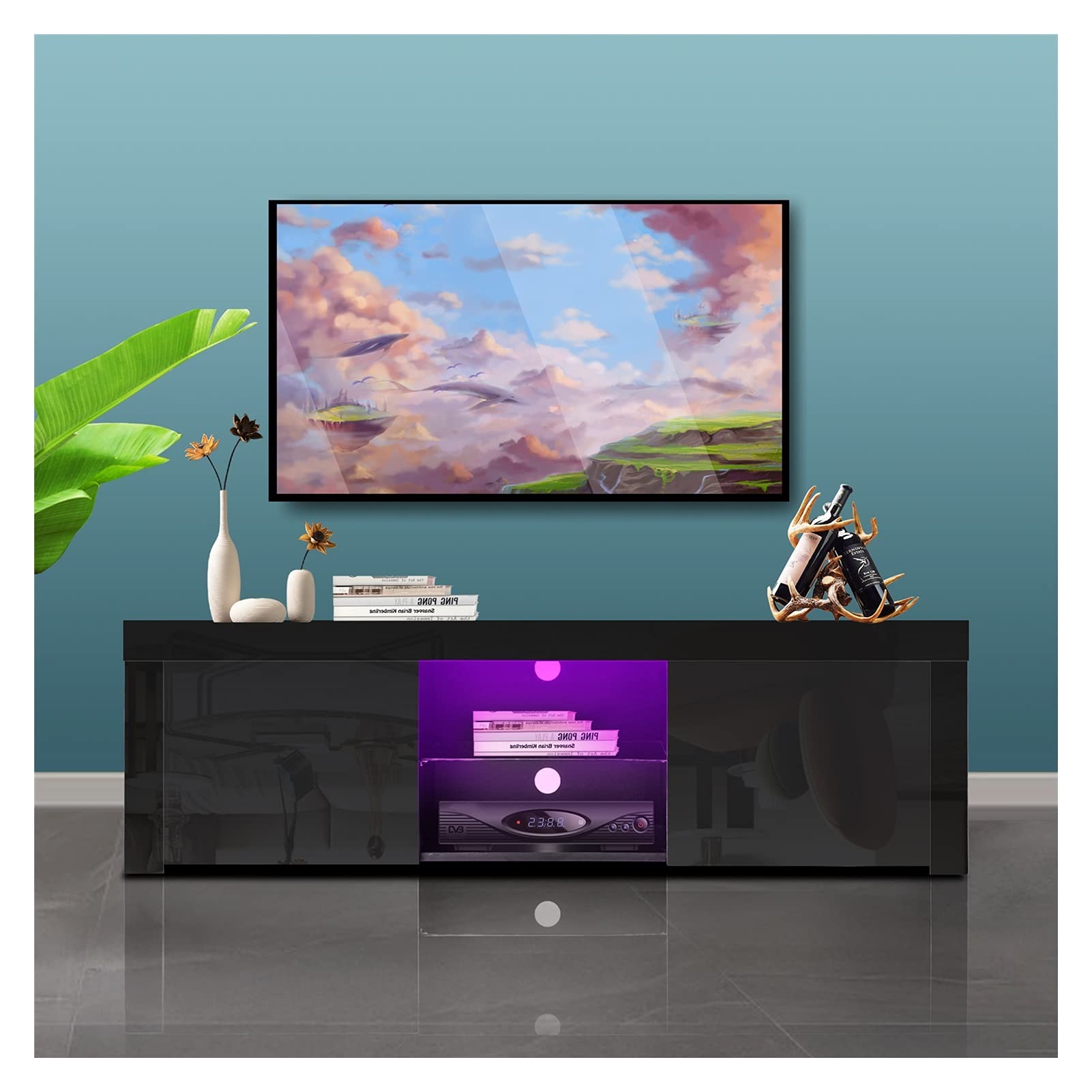 WHNB Modern TV Stand with LED Lights - High Glossy TV Entertainment Center Cabinet for Living Room, Bedroom & Lounge - Easy Assembly Black Media Console (Perfect for Home Theater Setup & Small Space Decor)