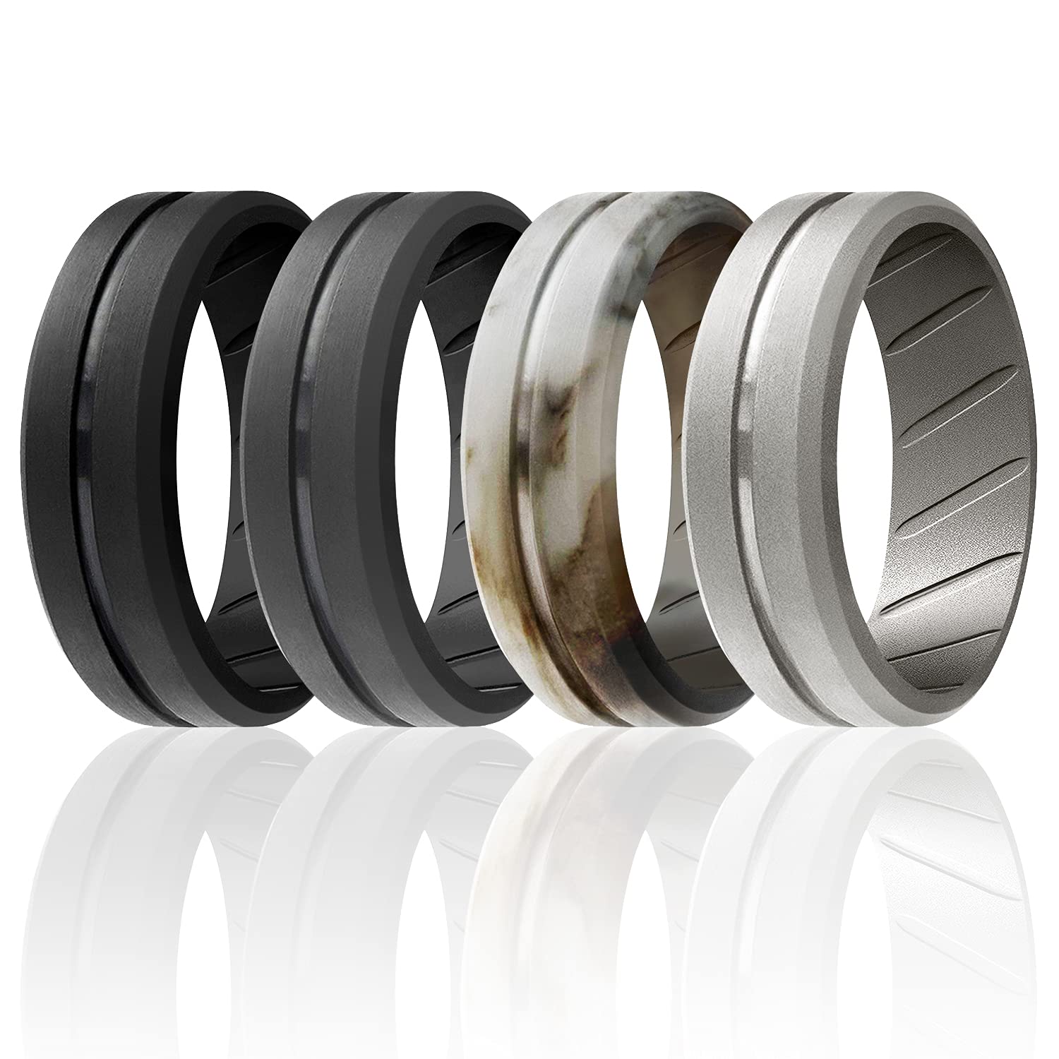 ROQ Silicone Rubber Wedding Ring for Men - Comfort Fit Breathable Band, 8mm Wide 2mm Thick with Engraved Middle Line - Multi Color Pack (Black, Gray, Blue) - Perfect for Gym, Swimming, Travel & Outdoor Activities