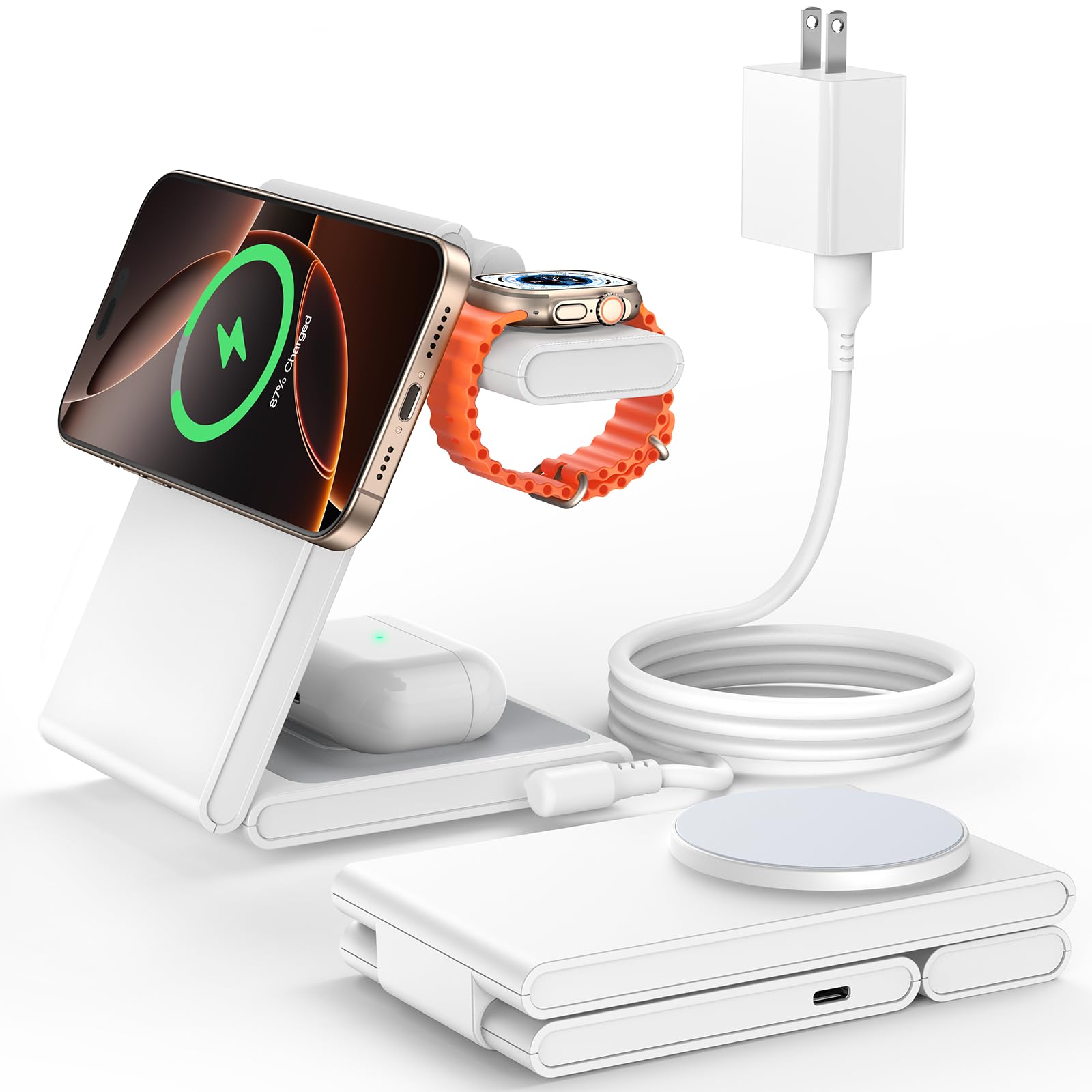 3-in-1 Magnetic Foldable Wireless Charging Station with 20W Fast Charger - Compatible with iPhone 16/15/14/13/12, Apple Watch 10/Ultra 2 & AirPods - Space Gray | Perfect for Home, Office & Travel Charging Needs