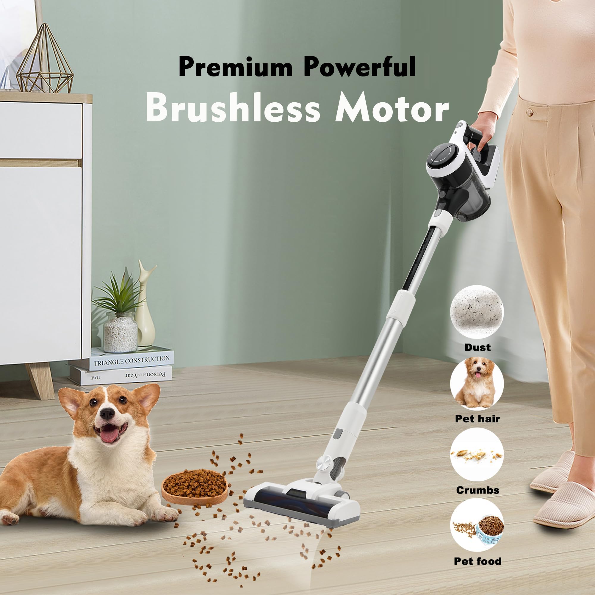 6-in-1 Cordless Vacuum Cleaner with 250W Brushless Motor | Lightweight Stick Vacuum with LED Display | Wireless Rechargeable for Hard Floors & Pet Hair | Perfect for Home Cleaning & Pet Owners (White)