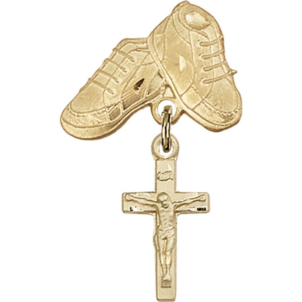 Gold Filled Baby Badge with Crucifix Charm & Baby Boots Pin - 1 1/8 X 5/8 Inches - Perfect for Christening Gifts, Baby Showers & Keepsake Jewelry
