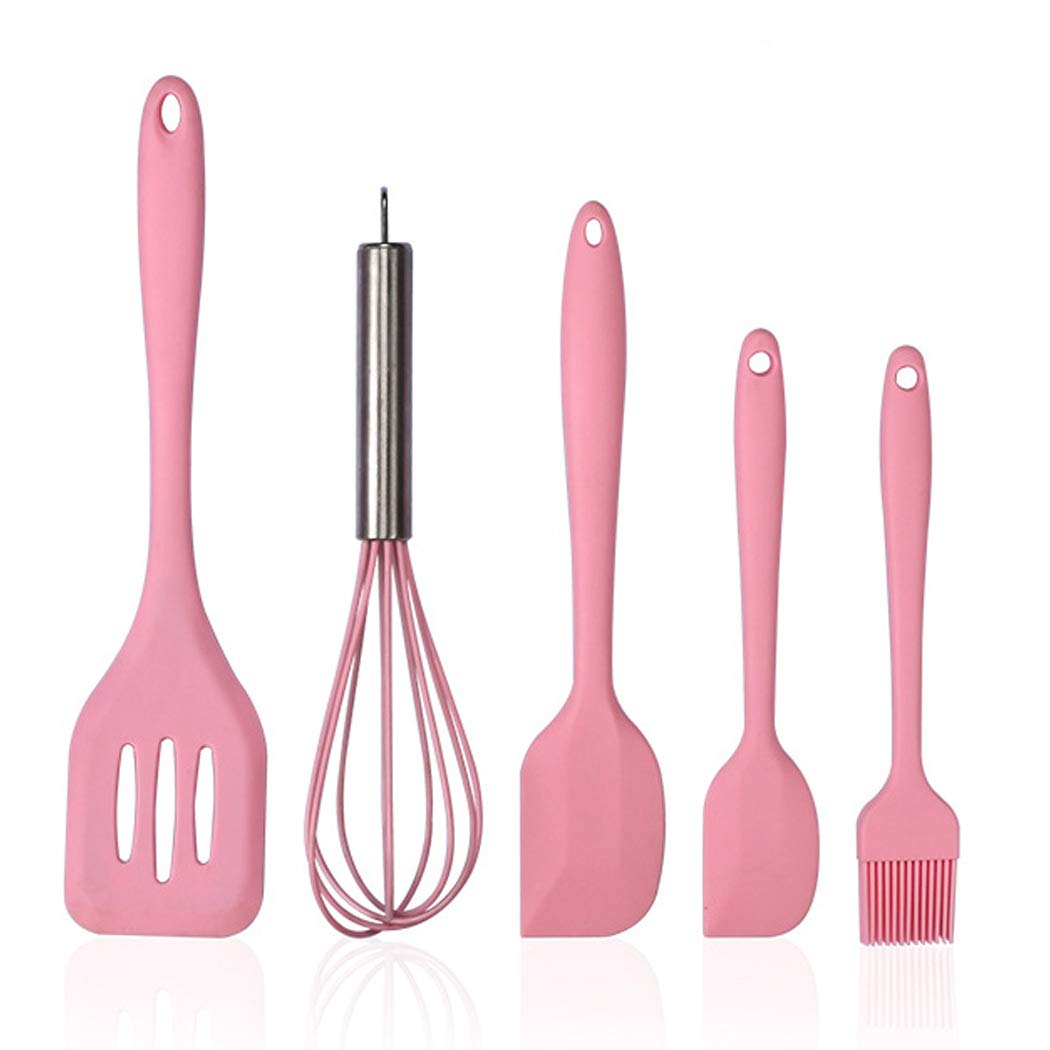 5-Piece Silicone Kitchen Utensil Set - Heat Resistant Nonstick Cooking Tools with Spatula, Spoon & Brush for Baking, Frying & Sauteing - Perfect Gift for Home Chefs (Pink)