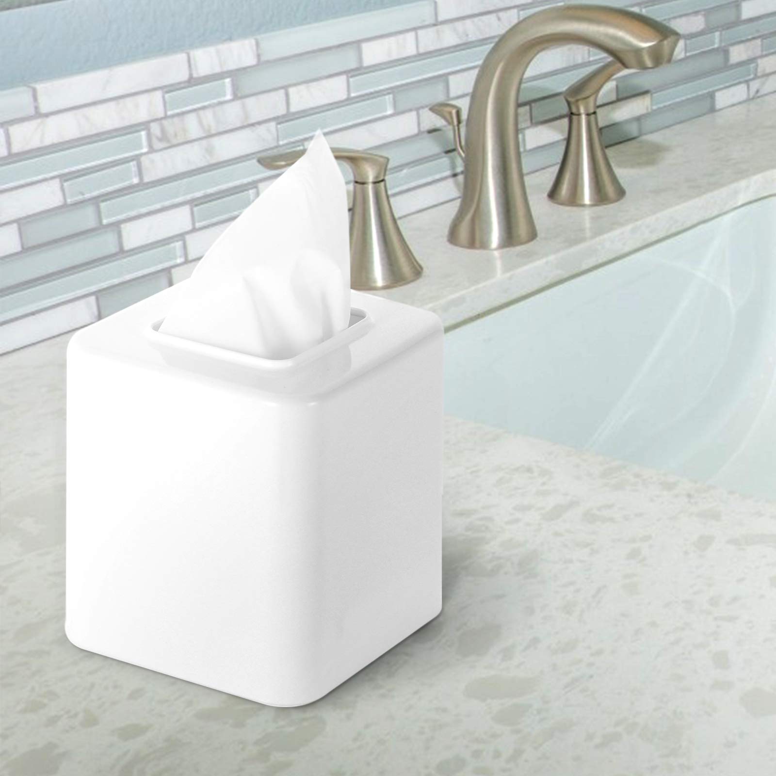 Youngever 2 Pack White Plastic Square Tissue Box Covers & Napkin Holders - Decorative Bathroom & Kitchen Tissue Box Organizer for Home Office Decor